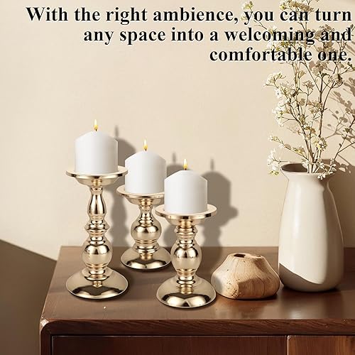 Miniatura 5 de CYEAH 3 portavelas para velas de pilar, candelabros dorados ideales para velas de pilar de 3 pulgadas, soportes para candelabros, centros de mesa de