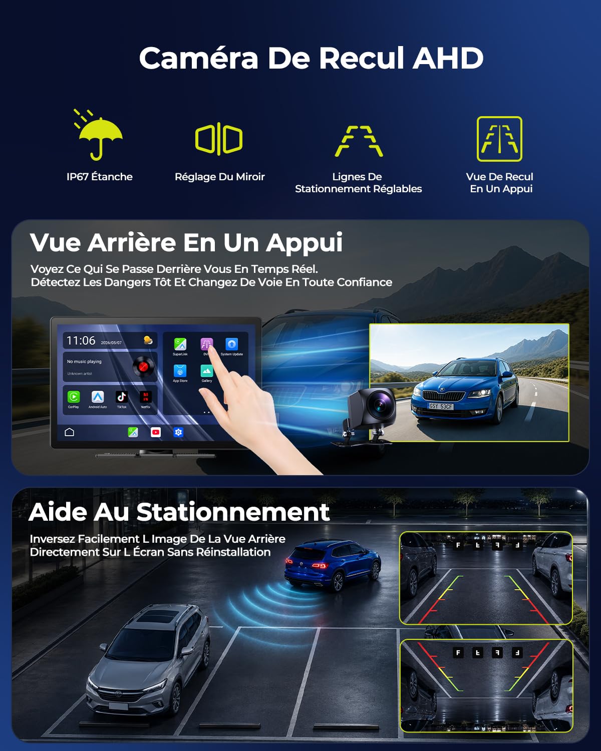 LAMTTO Écran CarPlay Voiture sans Fil 11 Pouces avec APPs Youtube TikTok Portable pour Apple CarPlay & Android Auto avec Caméra de Recul/Navigation/Écran Tactile in-Cell/Assistant Vocal/OTA/Bluetooth