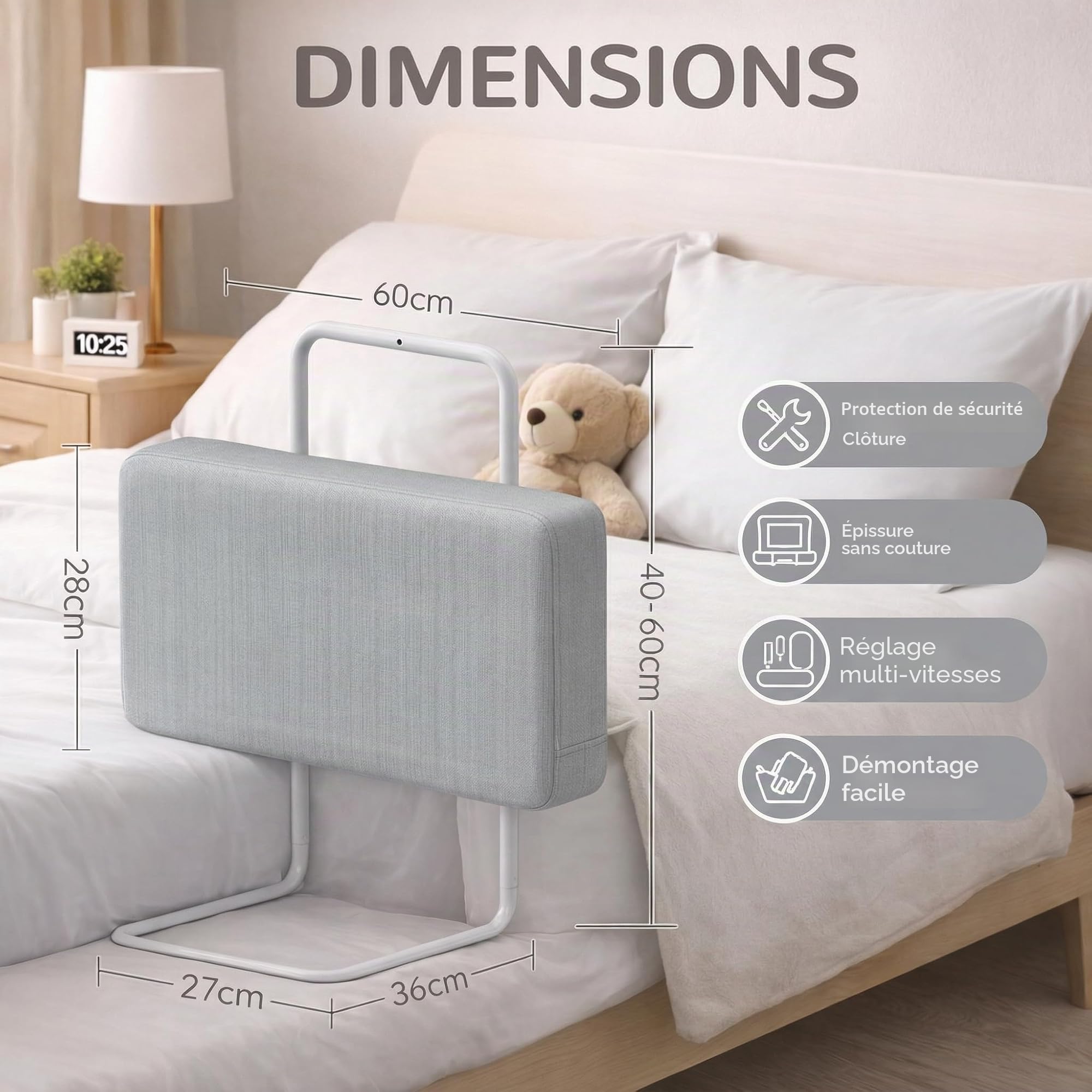 Barrière de Lit Bébé Rembourrée 60 Cm, Protection Anti-Chute pour Enfant, Barrière de Sécurité Douce en Tissu, Garde-Corps de Lit Stable et Confortable pour Bébé et Tout-Petits, Gris