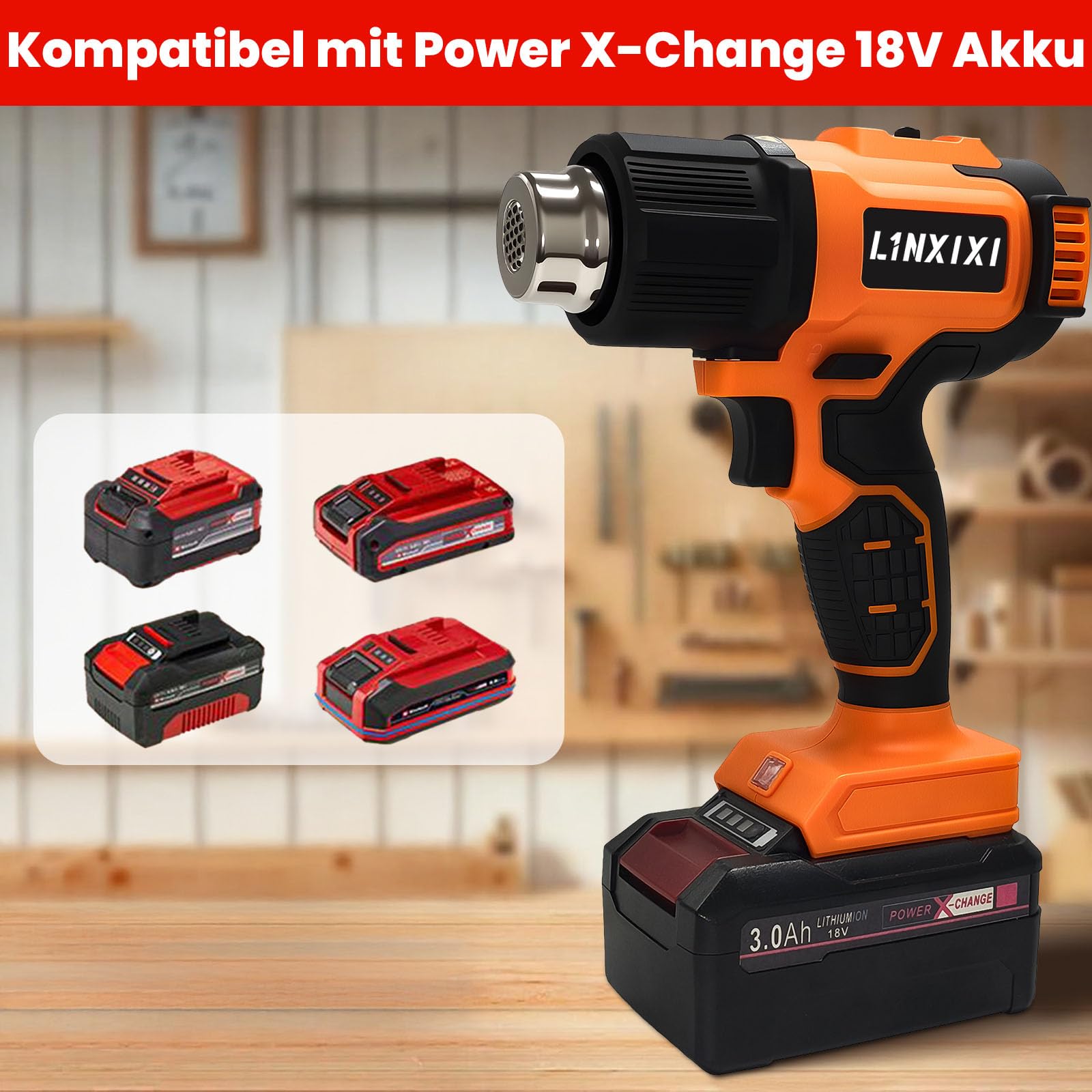 Akku Heißluftfön für 18V Eihelll Batterie, 50-550°C Manuelle Heißluftpistole mit LCD-Display, Einstellbarer Temperatur & Luftkontrolle mit 4 Edelstahldüse für DIY, Basteln, Abziehen(Ohne Batterie)