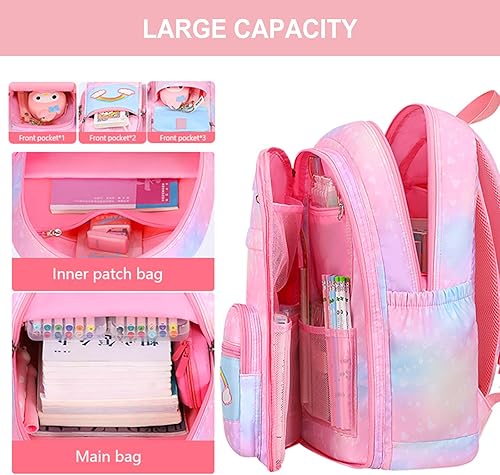 Miniatura 3 de Juego de 5 mochilas kawaii para niñas, bolsa para portátil de arcoíris de 17 pulgadas, mochila de doble hombro de gran capacidad, Púrpura, Tamaño