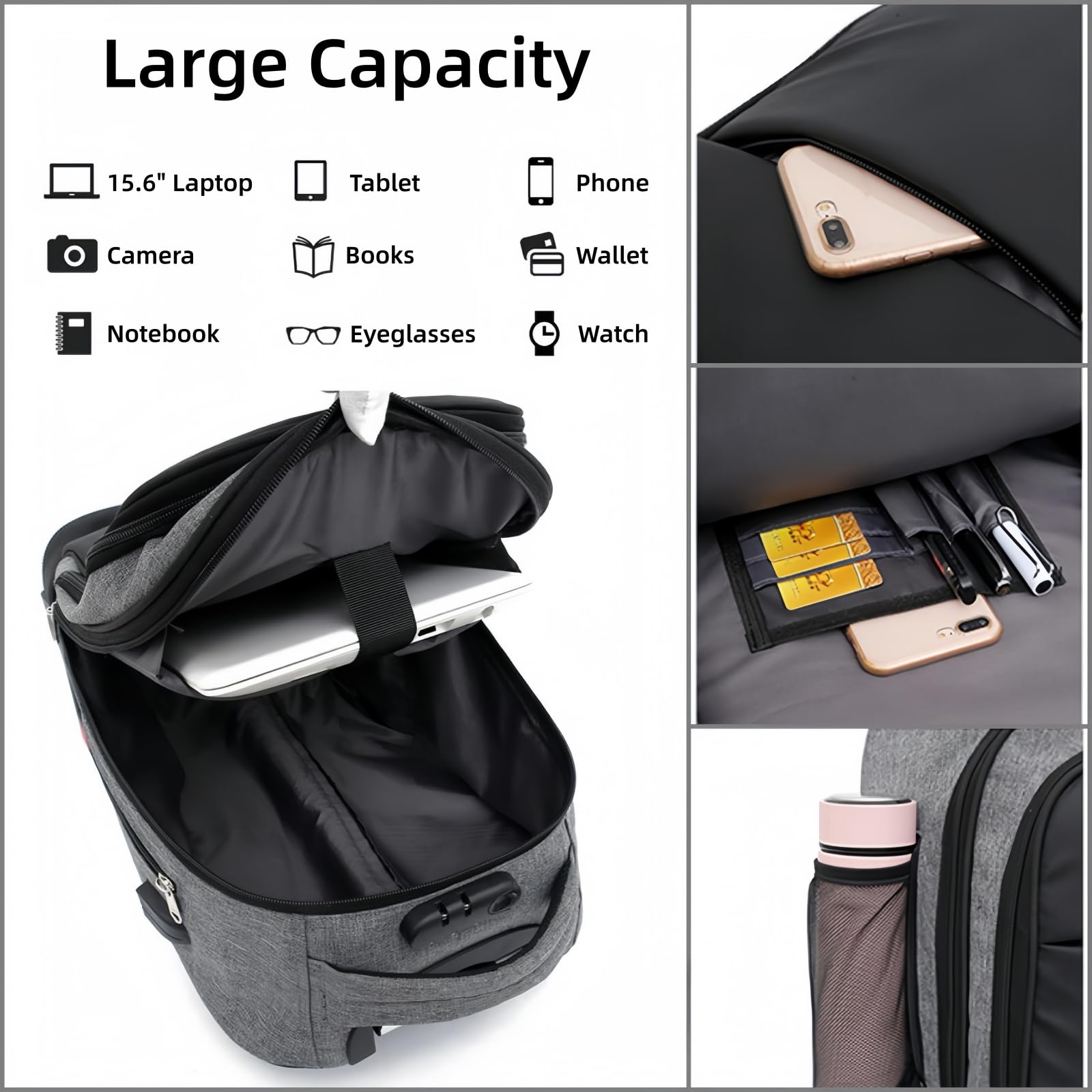 Mochila con Ruedas, Mochilas de Viaje con Ruedas para Portatil 15.6 Pulgadas para Trabajo Universidad Negocio Uso Diario, Gris