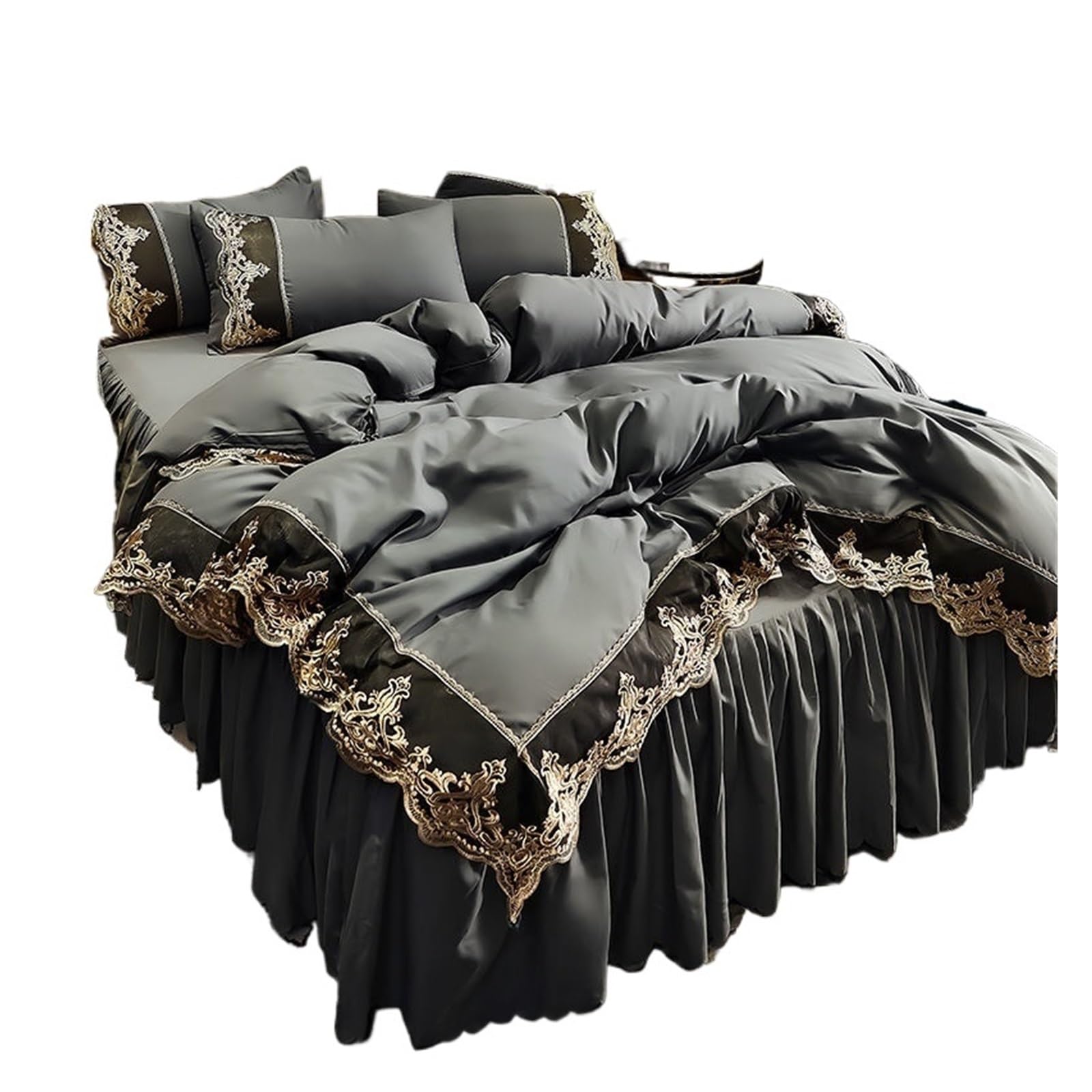 GCYEIDMA Ruffle Duvet Cover Lace-trimmed Bed Skirt Four-piece Set, Thickened Matte Quilt Cover Three-piece(Color 1,150X200cm 4Pcs Set)