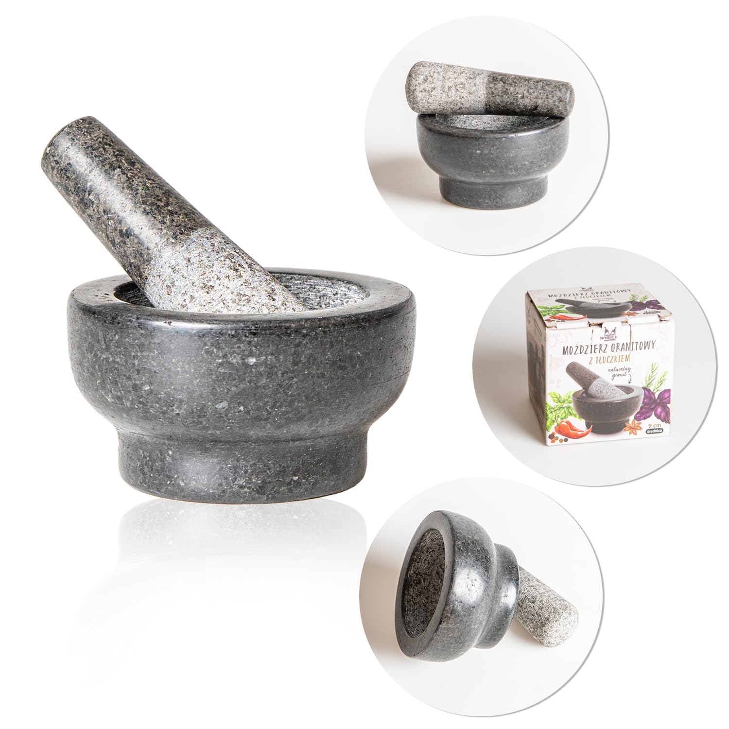 Moździerz granitowy z tłuczkiem – wytrzymały moździerz z kamienia naturalnego, 9 x 5 cm, do przypraw, ziół, pesto i past, antypoślizgowy, trwały, idealny do kuchni i gotowania