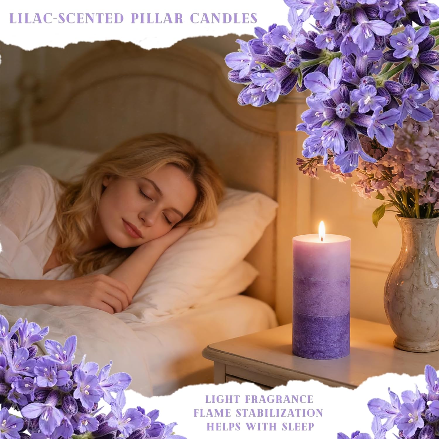 Lilac Scented Pillar Candles, 2.8x6 Inch Non-Toxic Purple Pillar Candle 210H Long Burning Smokeless Fragrance Candle Scented Candles for Home Decor Wedding, 3 Pack
