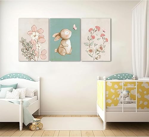 Miniatura 6 de Dytila Juego de 3 cuadros enmarcados para pared de guardería, cuadros botánicos de flores rosas, pinturas de conejitos verdes, impresiones en lienzo