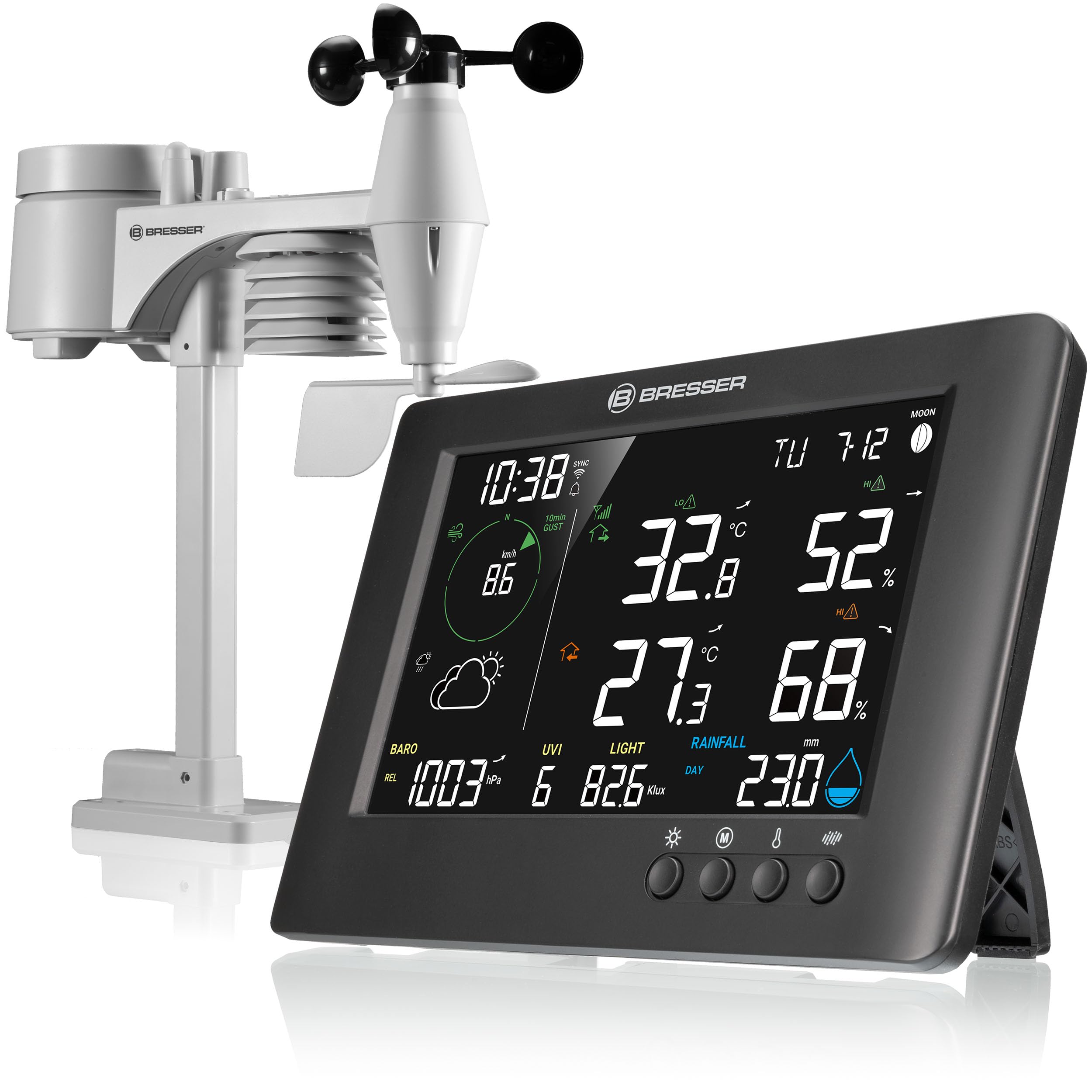 Bresser Estación Meteorológica 7-en-1 TB WiFi: Datos amplios, Pronóstico gráfico, Multi-Sensor, Monitoreo Clima Interior, Función de Alerta