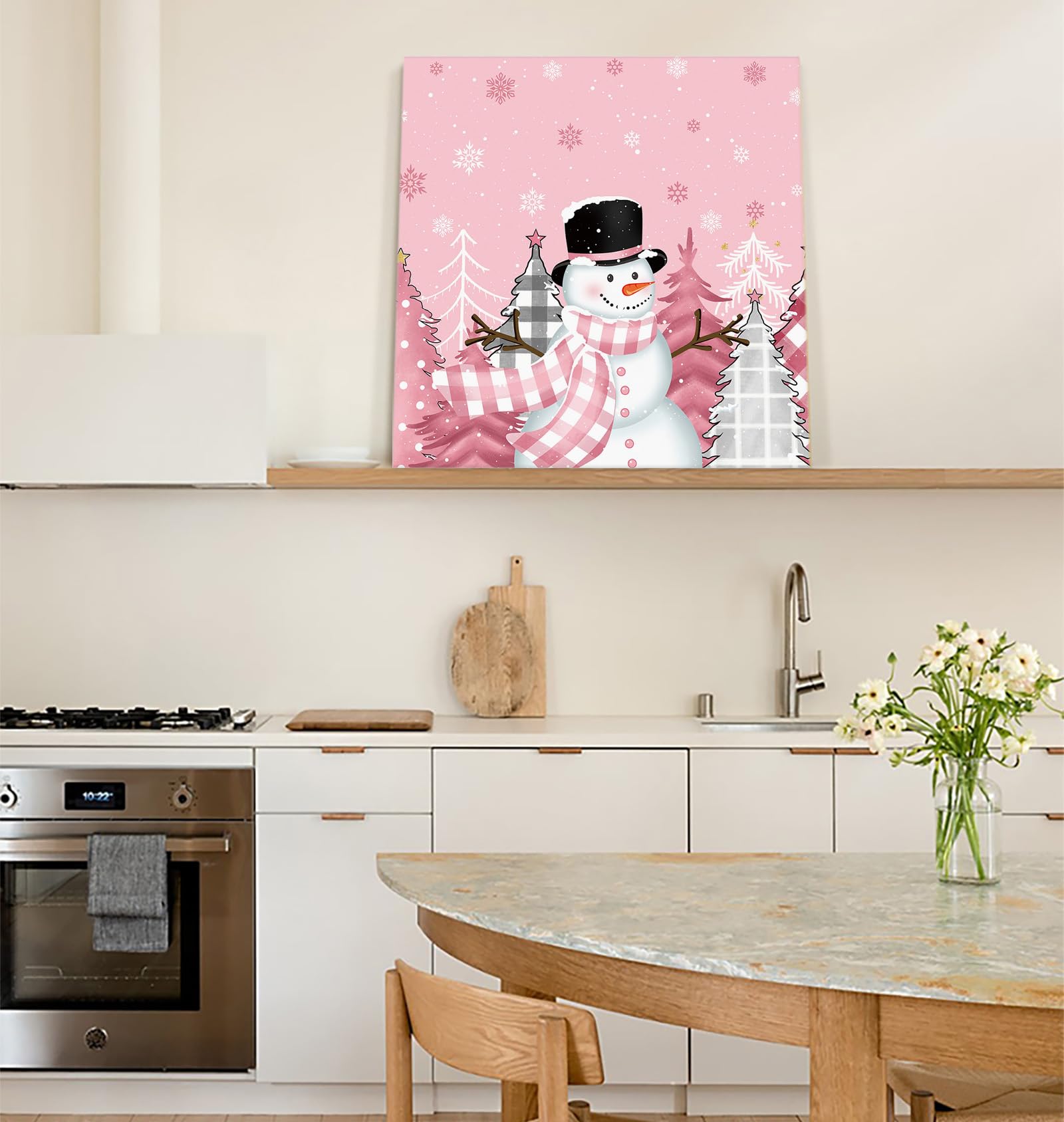 Christmas Canvas Wall Art Framed Wall Decoration Pink Snowman Wall Oil Paintings Xmas Tree Snowflake Aesthetic Wall Artwork Ready To Hang Wall Pictures For Living Room Bedroom Xmas Decor Gifts 16x16