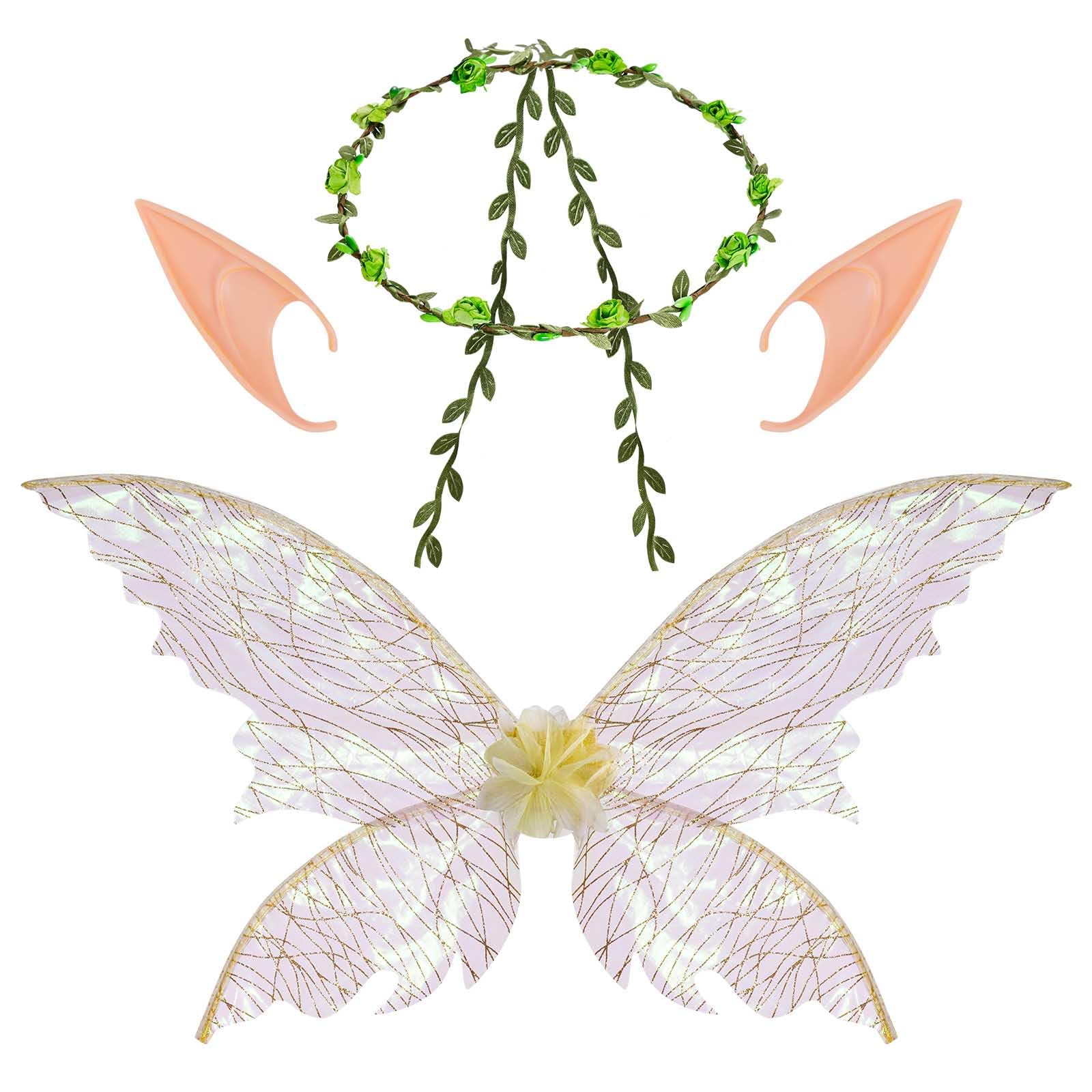 YolyooFairy Wings Costume Girls Angel Wings Fairy Wings Sparkling Sheer Wings Elf Ears for Women Adults Butterfly Wings for Birthday Halloween Dress up