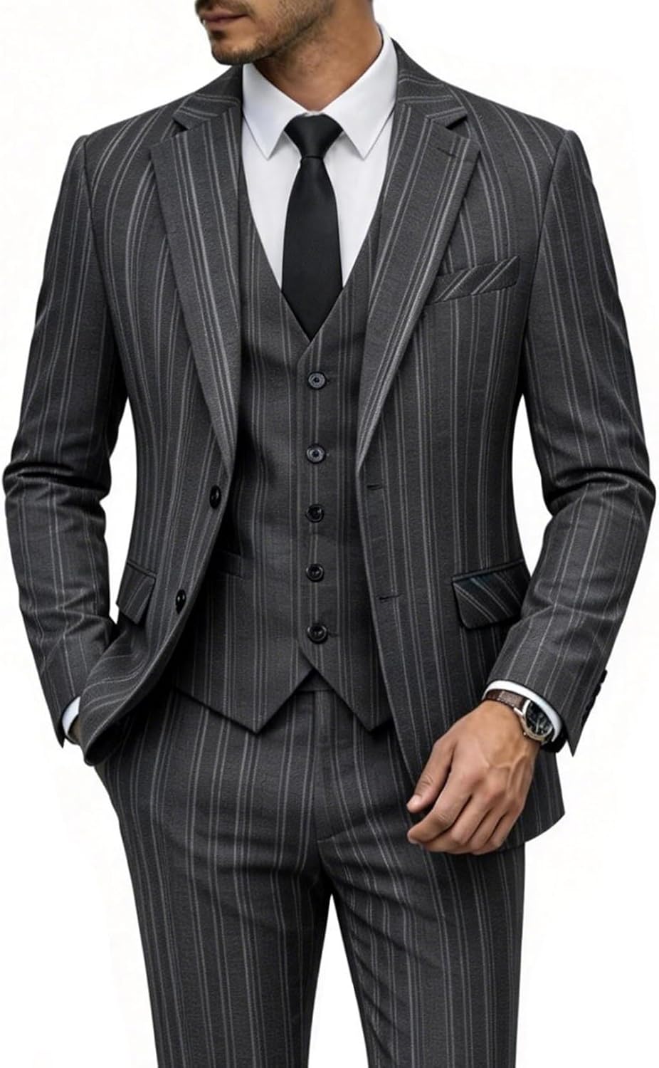 MOGU 3 Piece Pinstripe Suit for Men Slim Fit Stripe Tuxedo Single Breasted Dress Set for Business Wedding Party