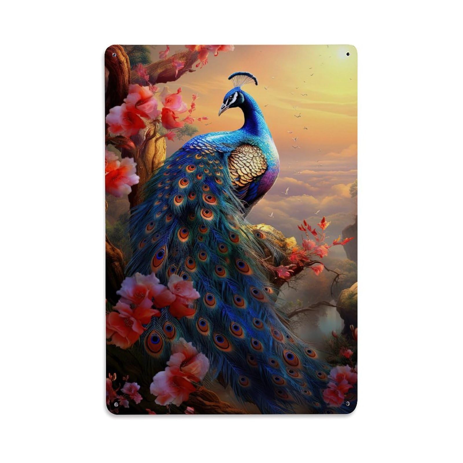 Retro Culture Wildlife Vintage Peacock Flower Zen Serenity Metal Tin Sign Plaque Wall Decor for Cafe, Man Cave, Club Bar, Office, Home Garden Round Metal Poster 8x12Inch