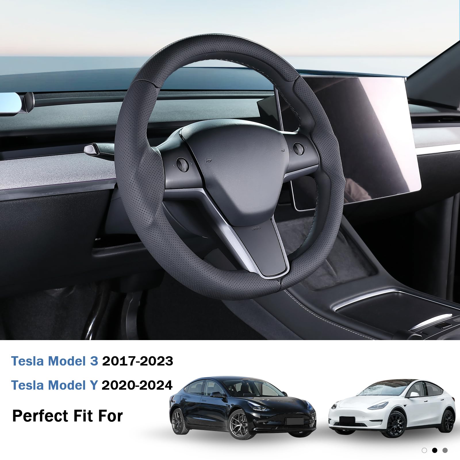Funda de Volante para Tesla Model 3 2020-2024 Tesla Model Y 2017-2023, Funda de Cuero para Volante para Tesla Model 3/Y, Accesorios Color Negro | Funda de cuero para volante para Tesla Model 3/Y, accesorios color negro