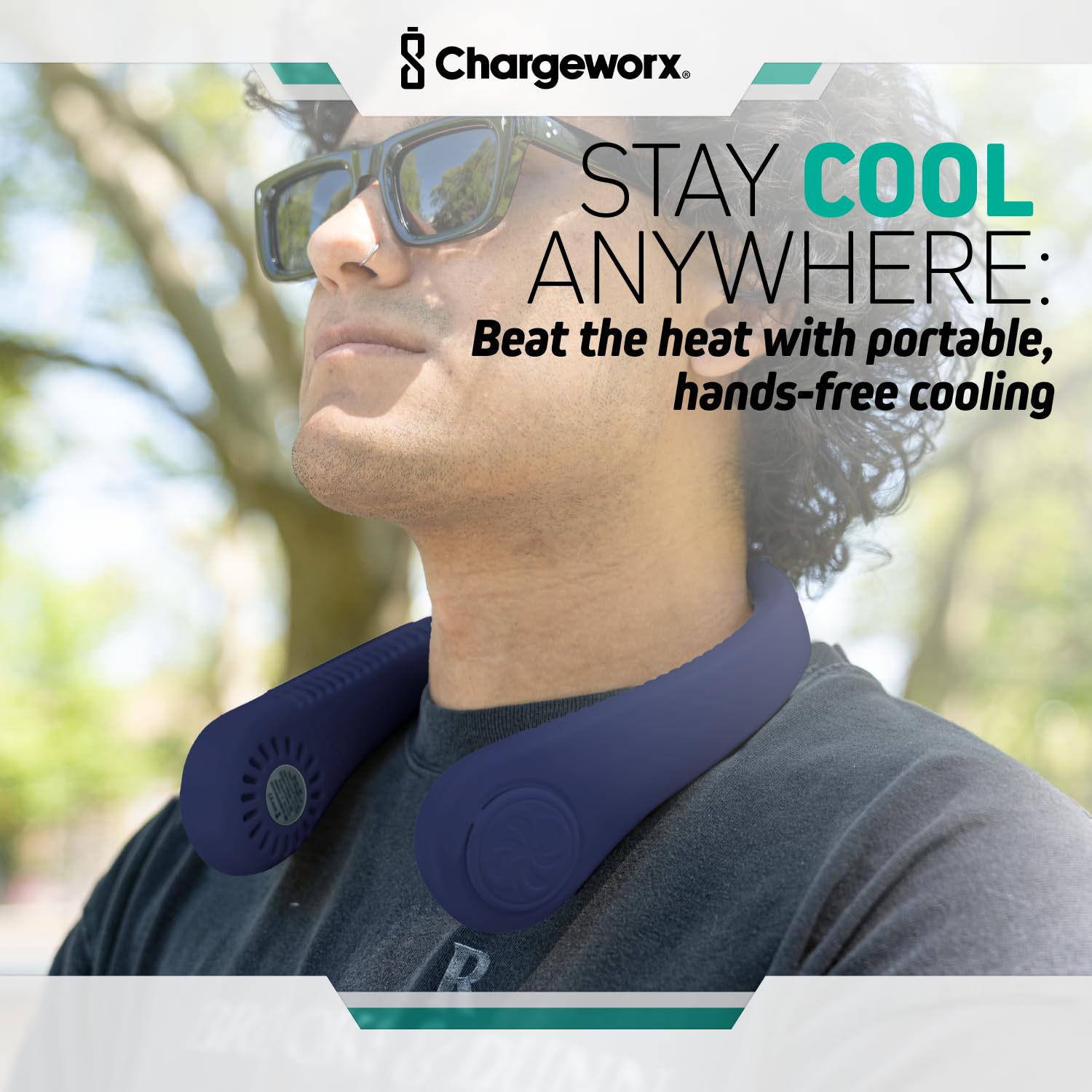 CHARGEWORX Ventilatore da collo con 5 modalità regolabili, batteria da 4000 mAh, ricaricabile tramite USB, design senza lama, super silenzioso, copertura a 360°, ideale per l'estate, per esterni (blu)