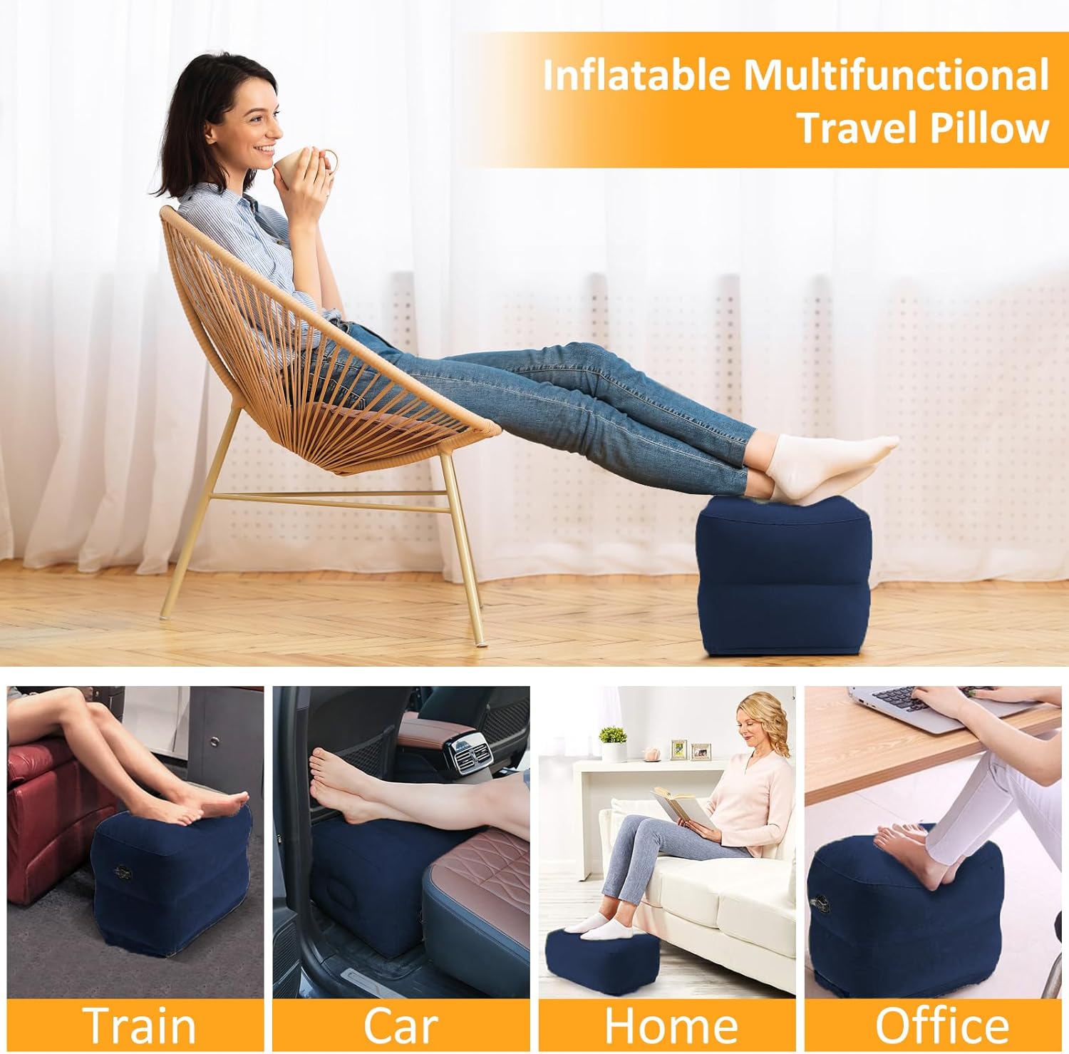 Inflatable Foot Rest Pillow for Travel - Adjustable Height Flight Foot Rest with Eye Mask and Earplugs for Kids & Adults on Airplane, Car, Train, Office, and Home (Blue, 1 PCS) - Image 7