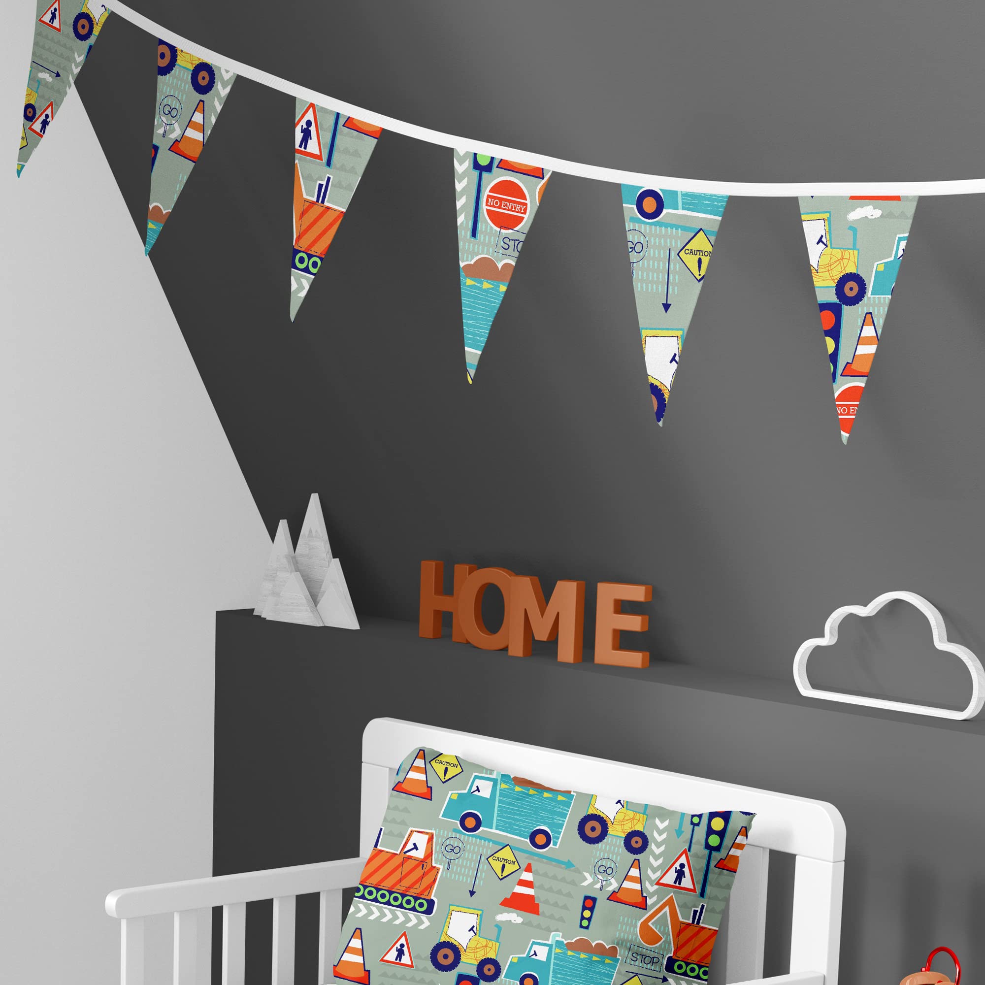 Happy Linen Company Girls Unisex Big Digger Trucks Grey 3.1 Metre Double Sided Bedroom Bunting Banner Triangle Flags
