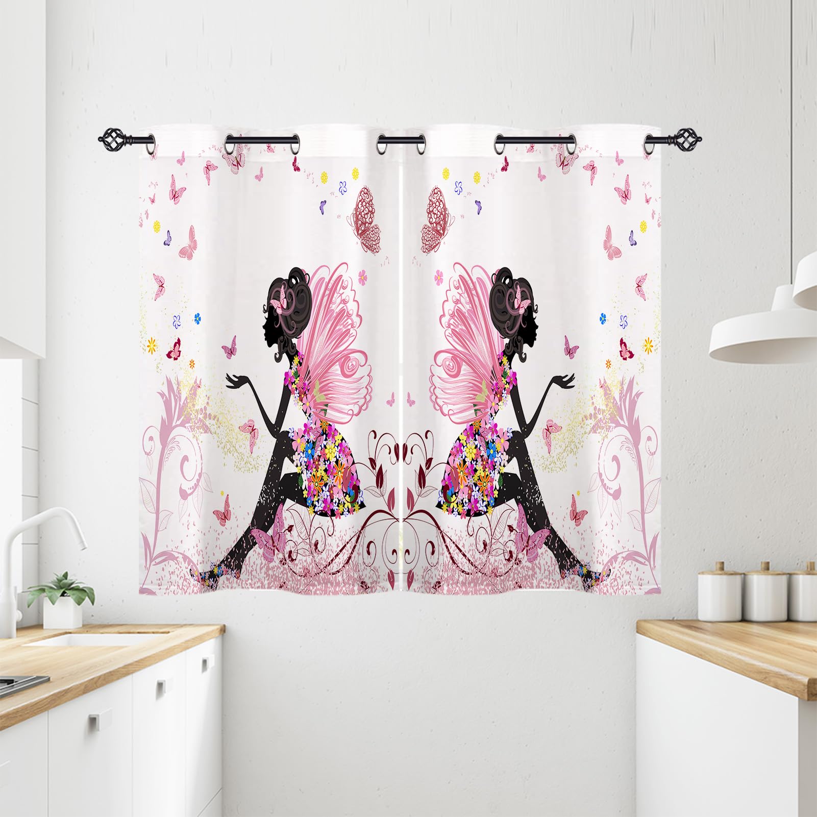 ANHOPE Flower Fairy Curtains Eyelet Thermal Insulated Blackout Curtains Colourful Butterfly Floral Print Pattern Ring Top Drapes for Kids Girls Bedroom Living Room 28 x 54 Inch Drop 2 Panels — image 1
