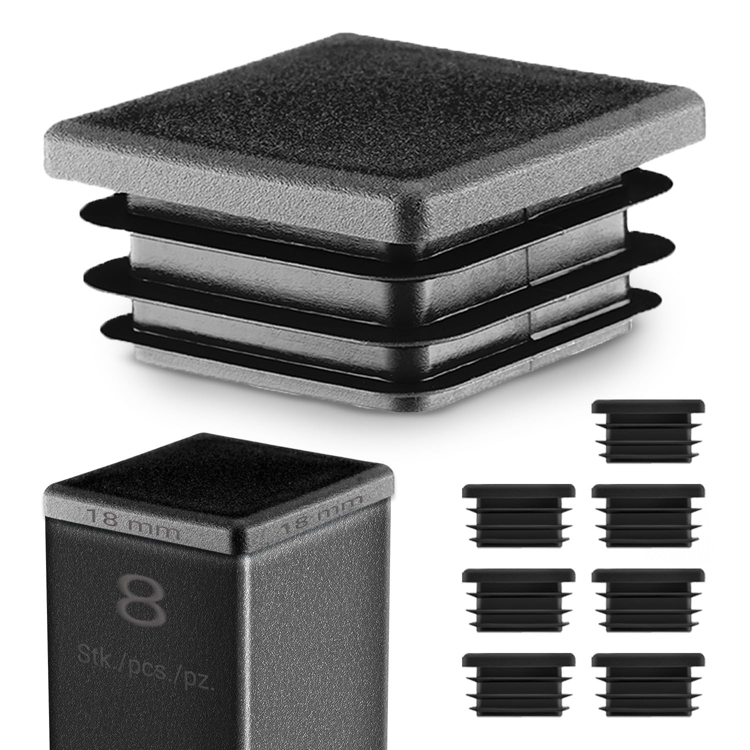 Emfa Black Square End Caps 18X18 Mm – Plastic Tube Inserts For Steel Box Section – Tube Plugs – 8 Pcs