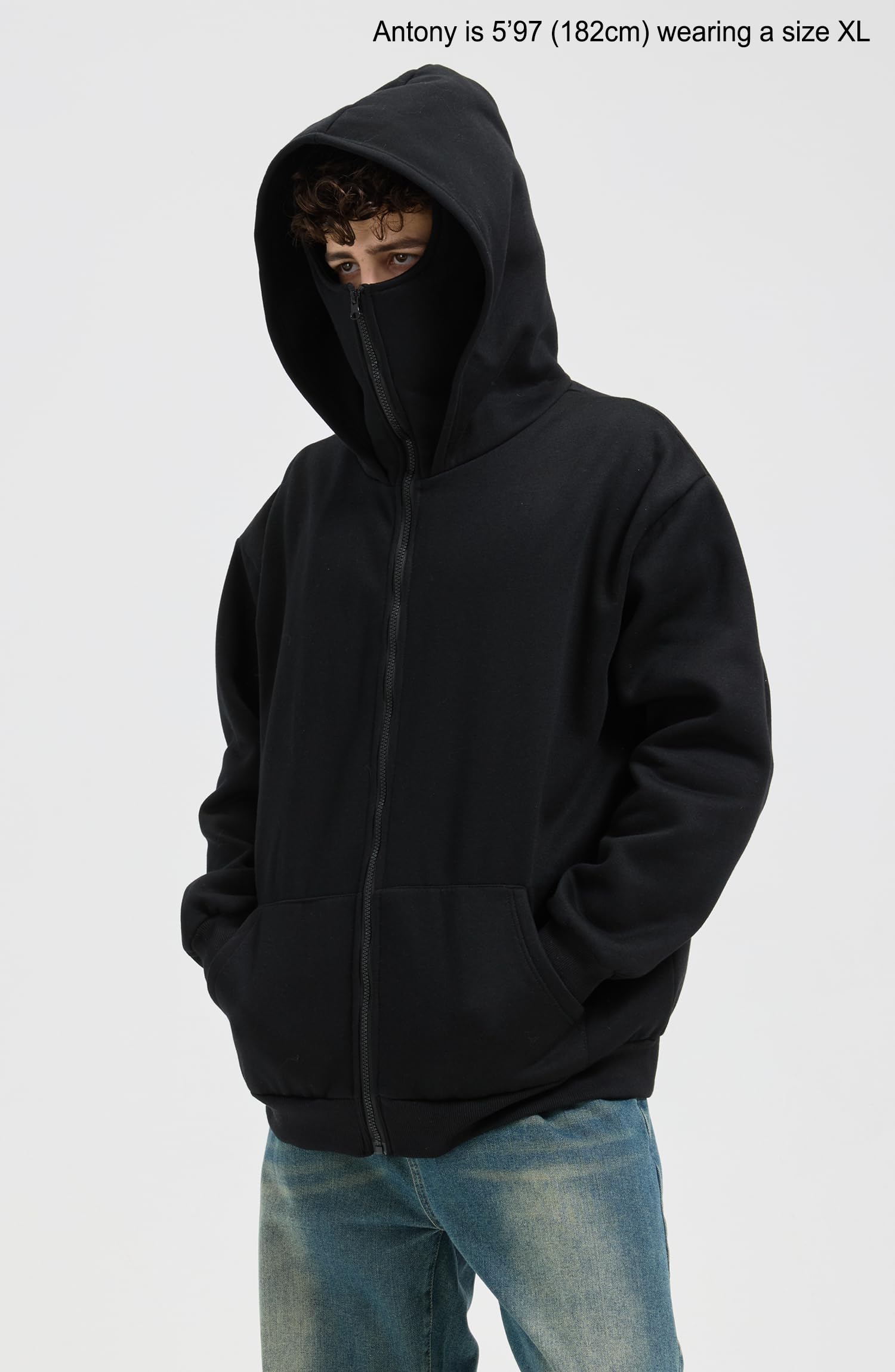 Warme Zip Hoodie Herren mit Sturmhauben Hip Hop Sweatjacke mit Kapuze Oversized Kapuzenpullover mit Motorradmaske