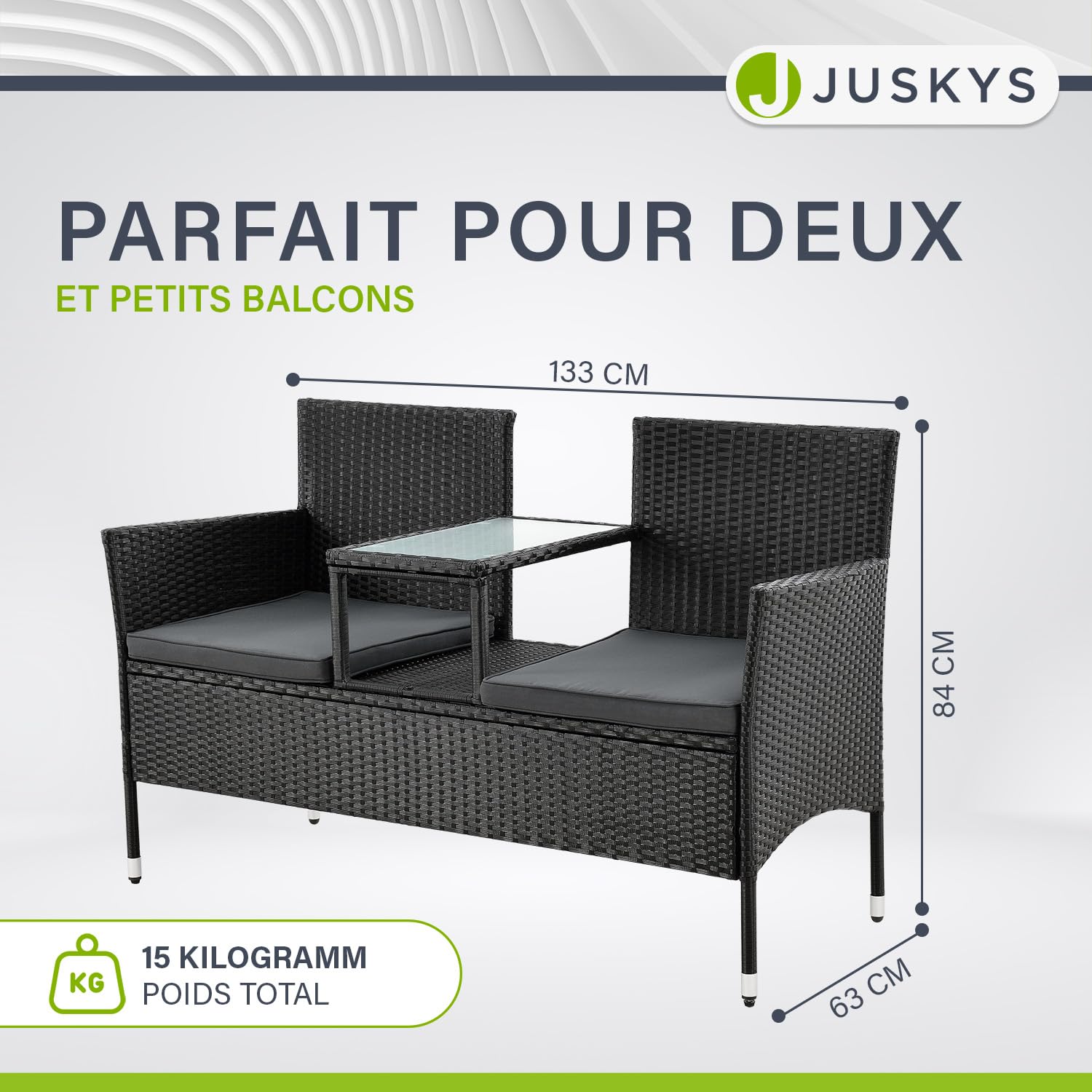 Juskys Banquette de Jardin en polyrotin Monaco - Banc 2 Places avec Table & Coussins - 133 × 63 × 84 cm - rotin résistant aux intempéries, pour Jardins et balcons - Noir