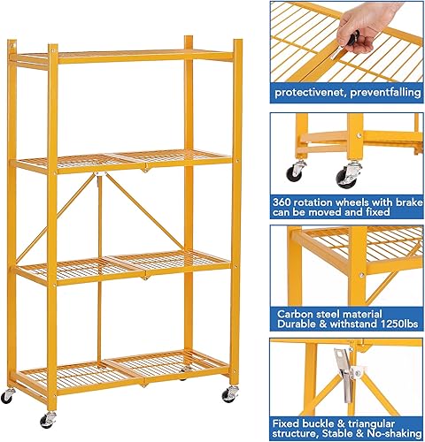 Miniatura 8 de ShanSon Estantes de almacenamiento con ruedas de 4 niveles estantes plegables de metal resistentes para garaje y cocina color amarillo