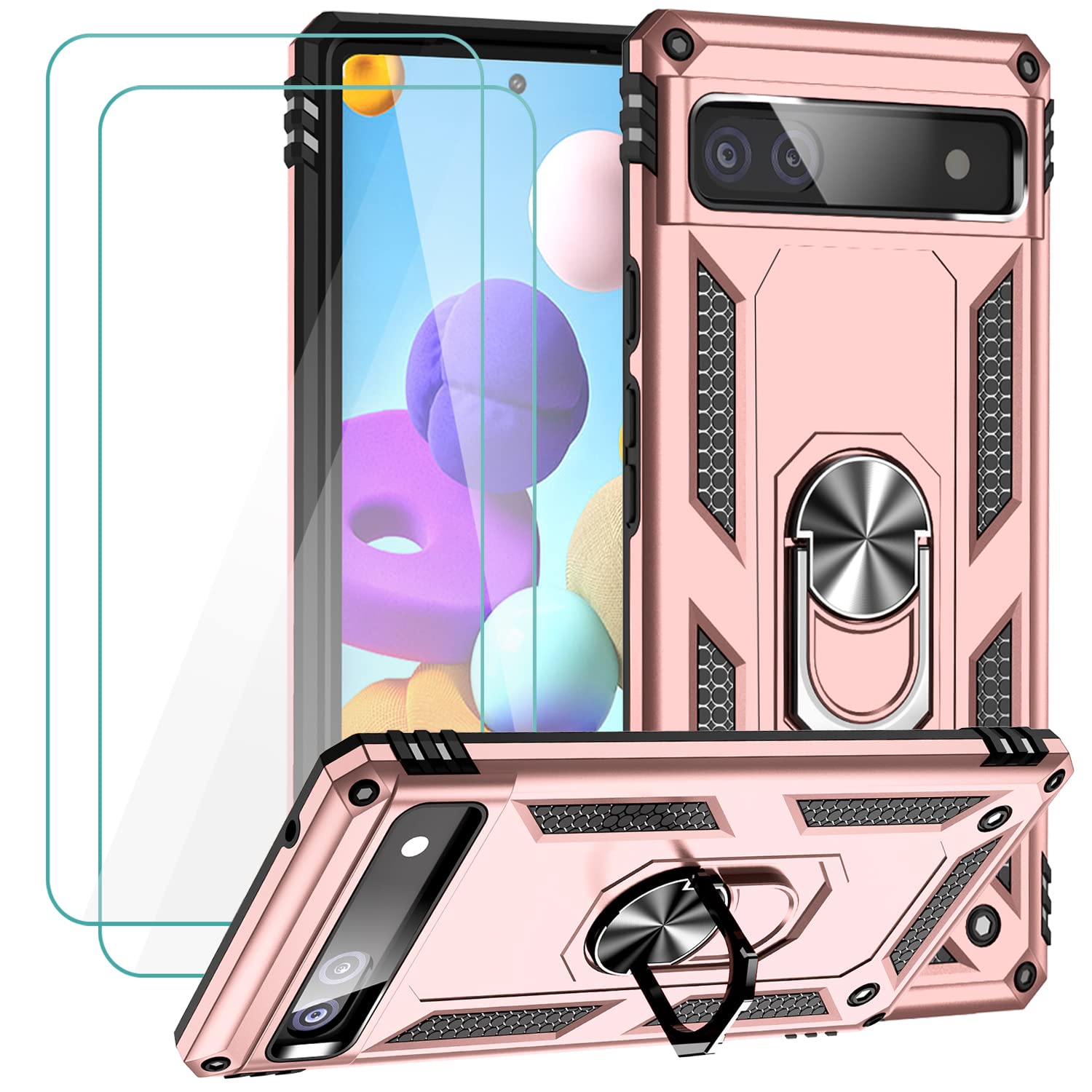 for Google Pixel 6a Case with Tempered Glass Screen Protector [2 Pack], Military-Grade Armor Shockproof Protective Phone Cover with Ring Magnetic Kickstand for Pixel 6a, Rose Gold