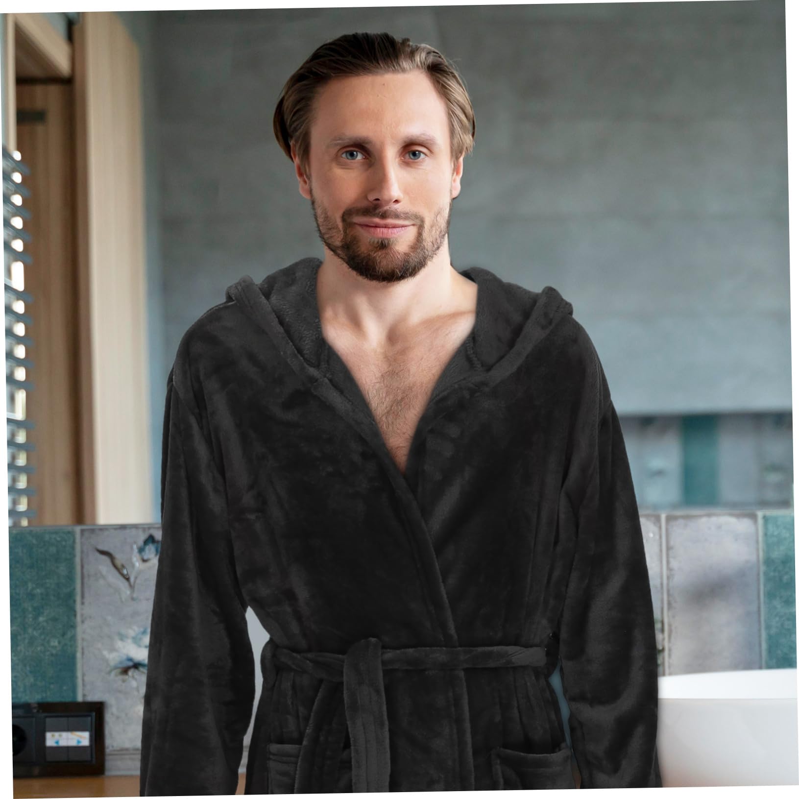 Peignoir de Bain à Capuche Noir pour Homme, Polyester, Taille Unique
