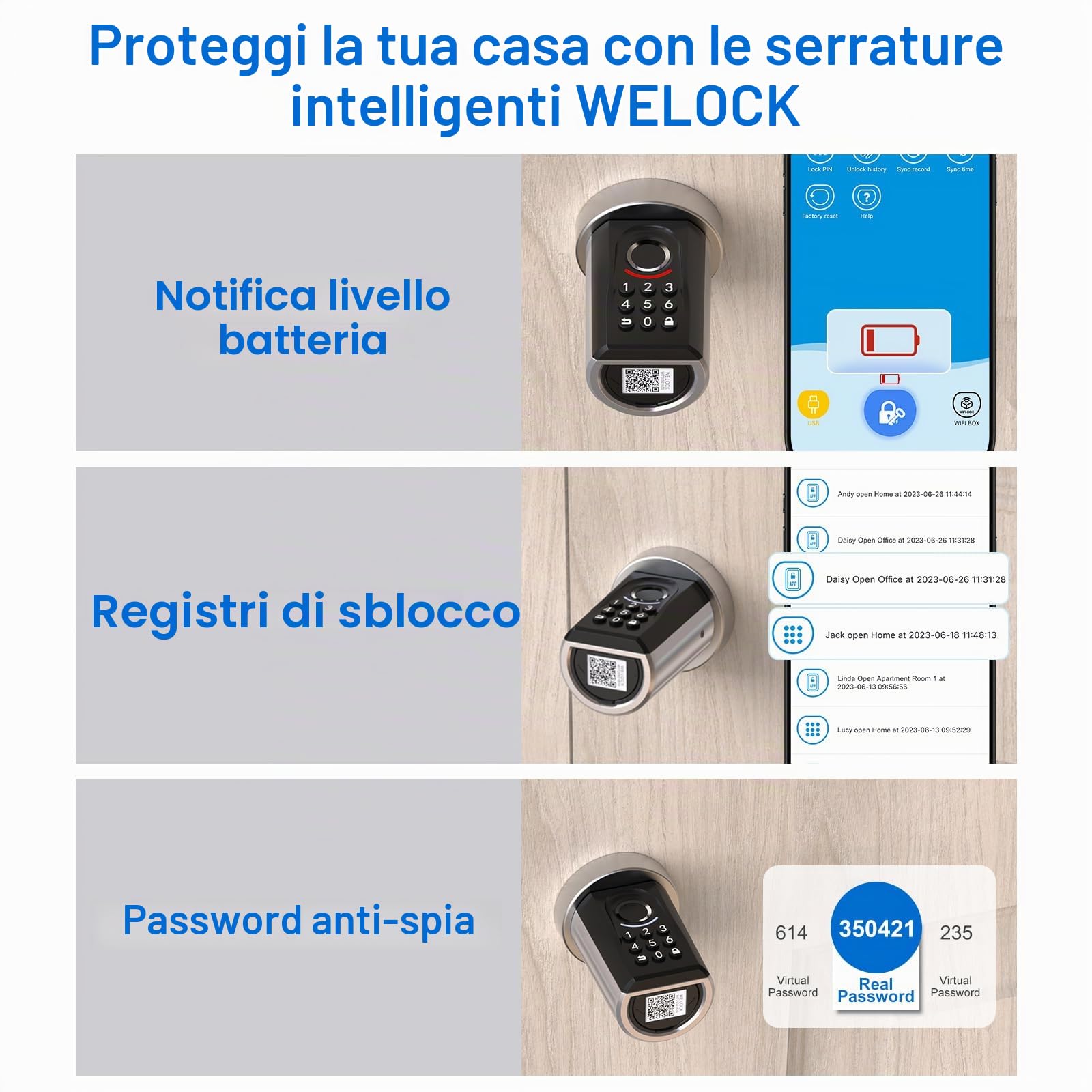 WELOCK TOUCA51 Serratura per Password, con Impronta Digitale Elettronica, con App, Password, Scheda RFID e WiFi, Adatto per Porte da 30 a 70 mm
