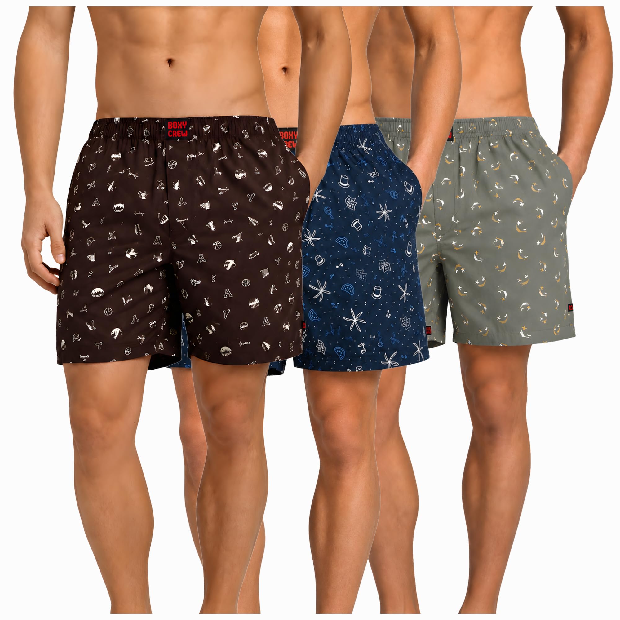 Men's 100% Cotton Boxer Shorts Pack of 3, Brown, Navy Blue & Green | Woven Boxers with Side Pockets, No-Marks Elastic Waistband, Breathable Relaxed Fit | Style 005-007-008-image-25