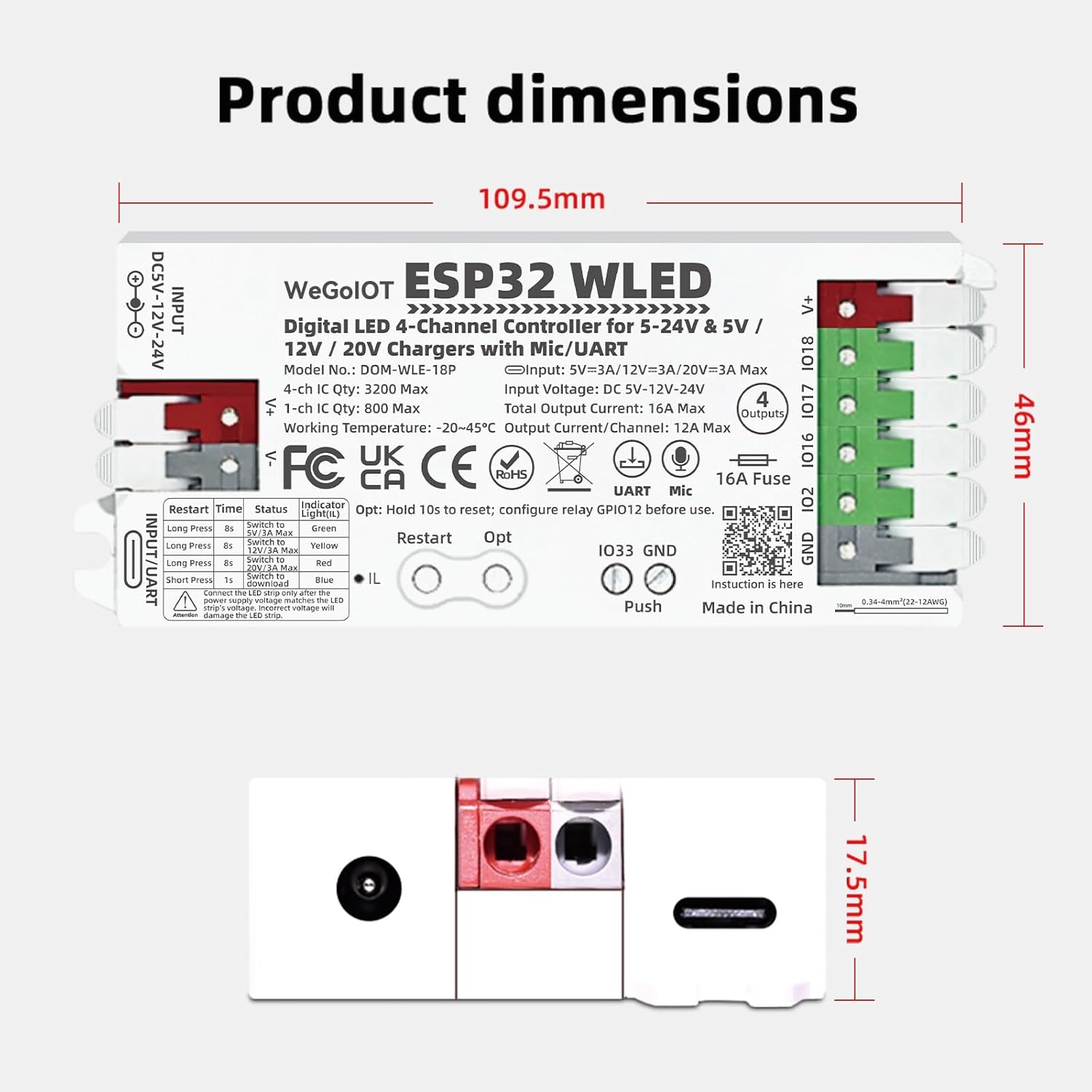 ESP32 WLED Controller with 16A Fuse for 5V-24V LED Strip Dynamic RGB IC DIY Port 4 Channel WiFi Controller App Control Easy Wiring FCOB Addressable Strip Light (DOM-WLE-18P with Mic/UART)