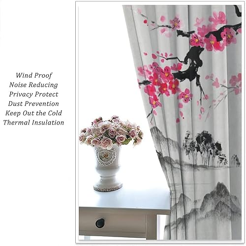 Miniatura 5 de Cortinas asiáticas con diseño de flor de cerezo, pintura de tinta japonesa de primavera, cortinas opacas de bosque de montaña brumosa, para
