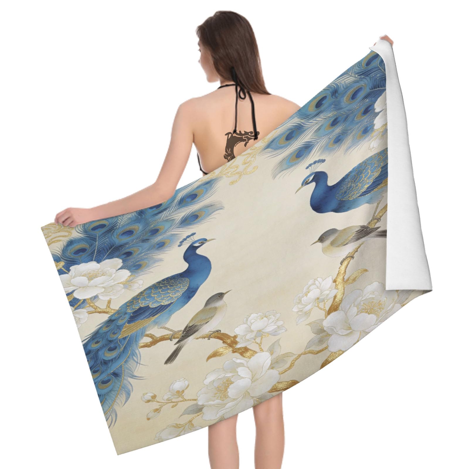 Leichong 3D Peacock Illustration Beach Towel Microfiber Soft Quick Dry for Adults, Oriental Aesthetics Bath Towel Lightweight Soft Absorbent for Travel Swimming Pool Sports, 75 x 150 cm