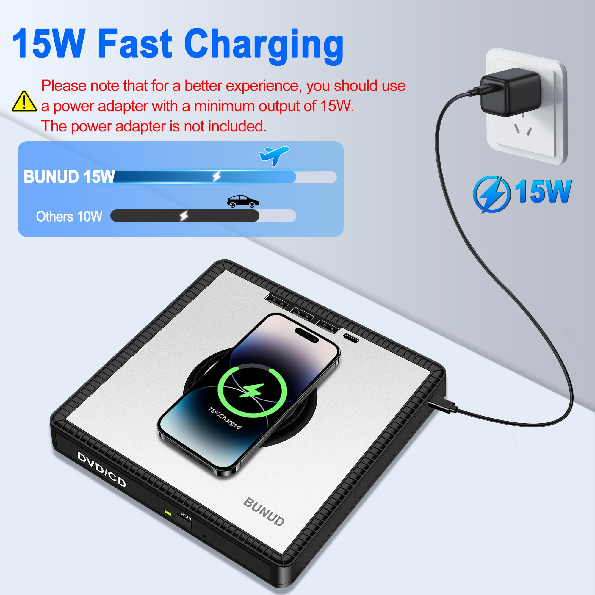 BUNUD Unità CD DVD esterna: USB 3.0 Superdrive per Mac Apple con caricabatterie wireless - Ricarica rapida 3 in 1 per iPhone/iwatch/AirPods - Masterizzatore CD portatile in alluminio Plug and Play con