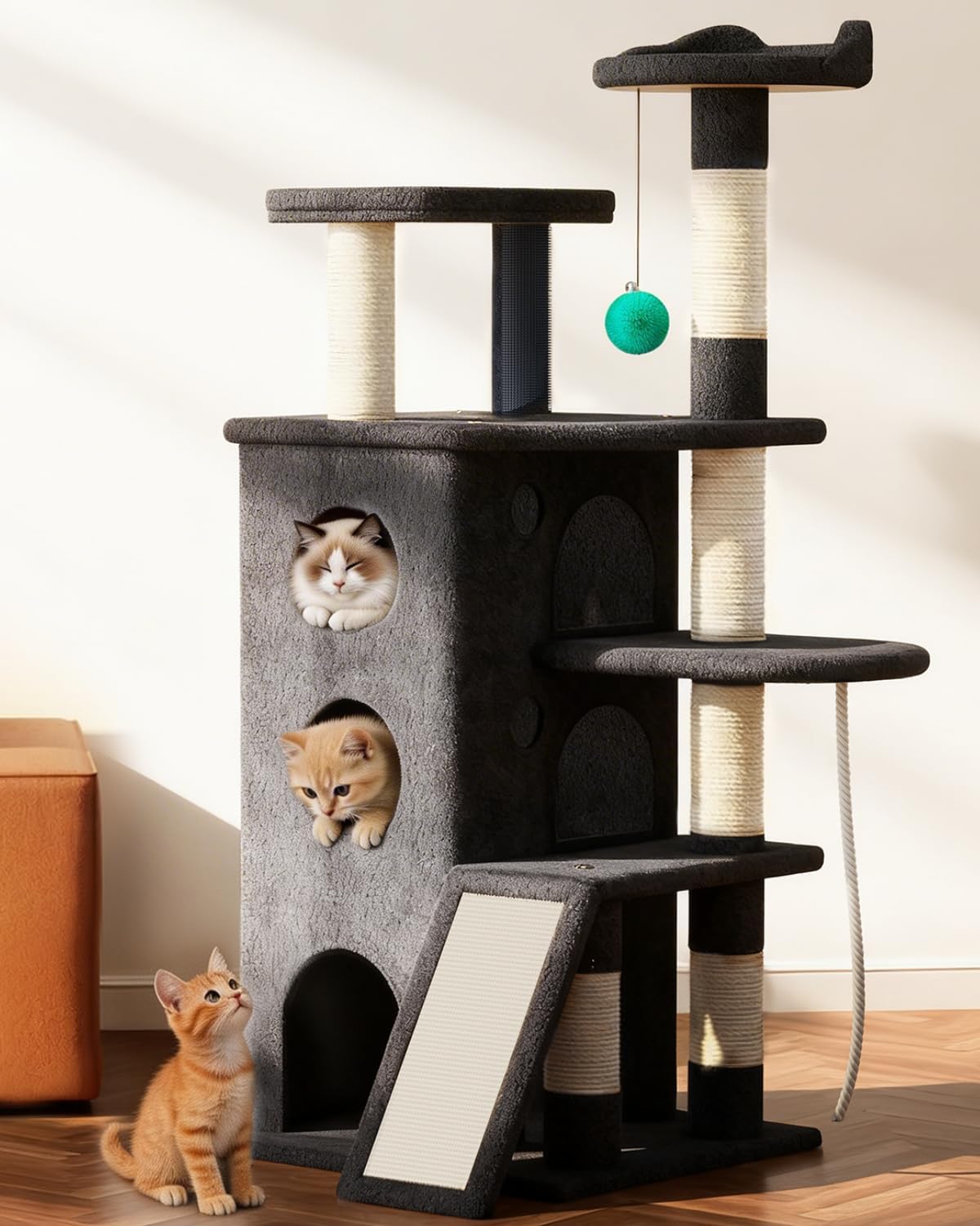 [Tank-Sturdy] PetDance 54" Heavy Duty Cat Tree for Cats Fits Kittens to XL Maine Coons, Cat Tower with Scratching Posts, Cat Climber with 3 Spacious Hideaway, Dark Gray