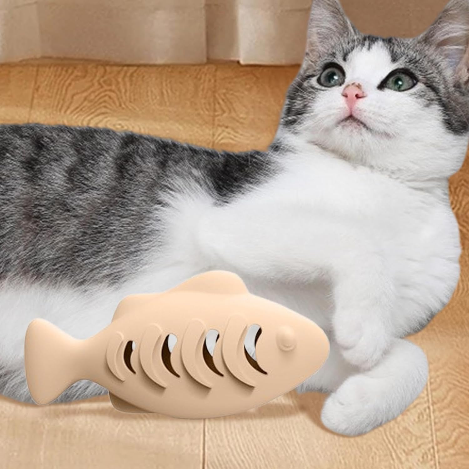 Silicone Fish Shape Cat Toothbrush & Teething Toy โ Cat Dental Cleaning Toy with Food Dispenser for Indoor Cats | Interactive Chew & Treat Toy (Beige) (Beige) 3