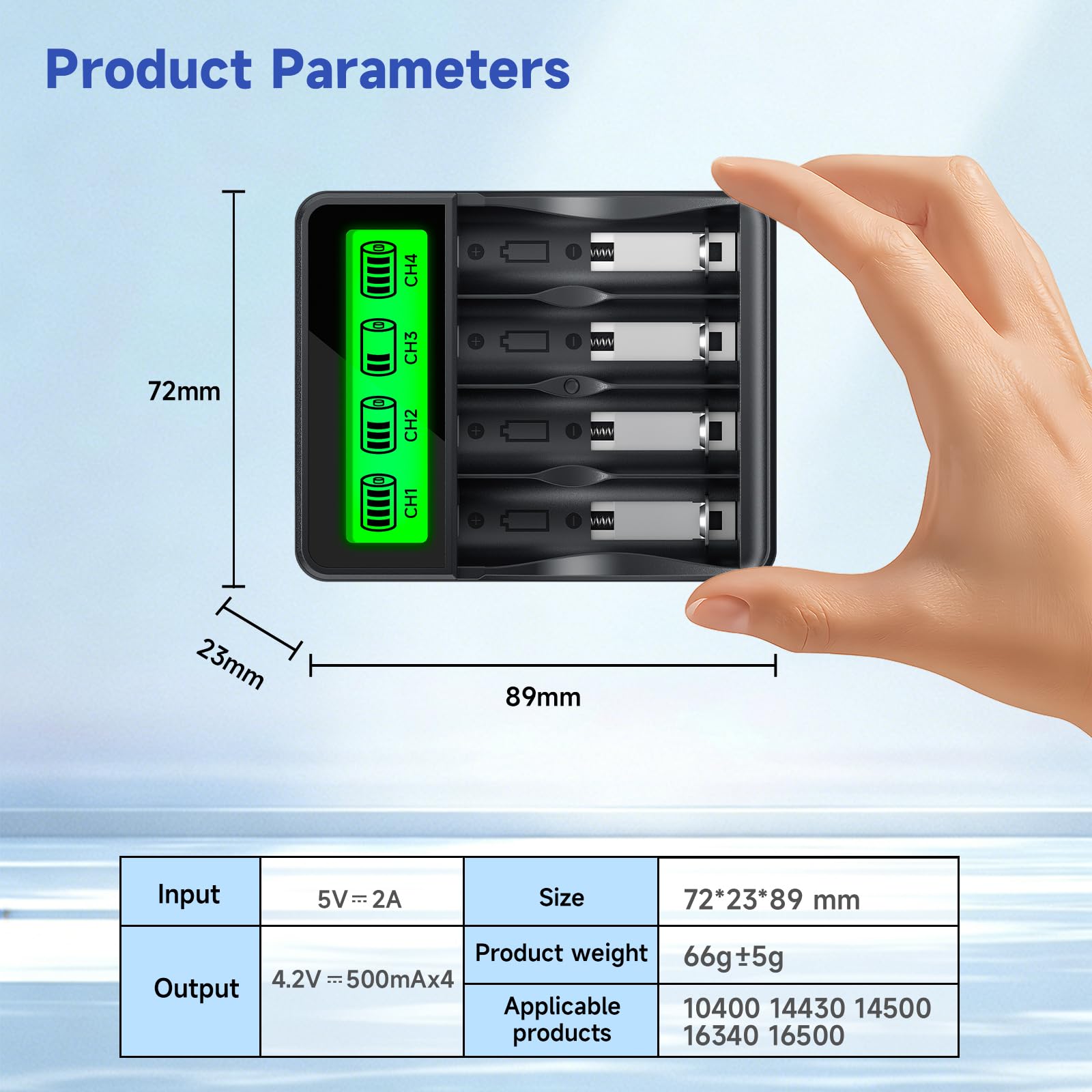 Cargador universal para baterías CR123A, 16340, 16500, 10400, 14430, 14500, 3.7V | Entrada USB 5V/2A, ranuras independientes, protección de sobrecarga | Compacto y portátil (cargador de batería