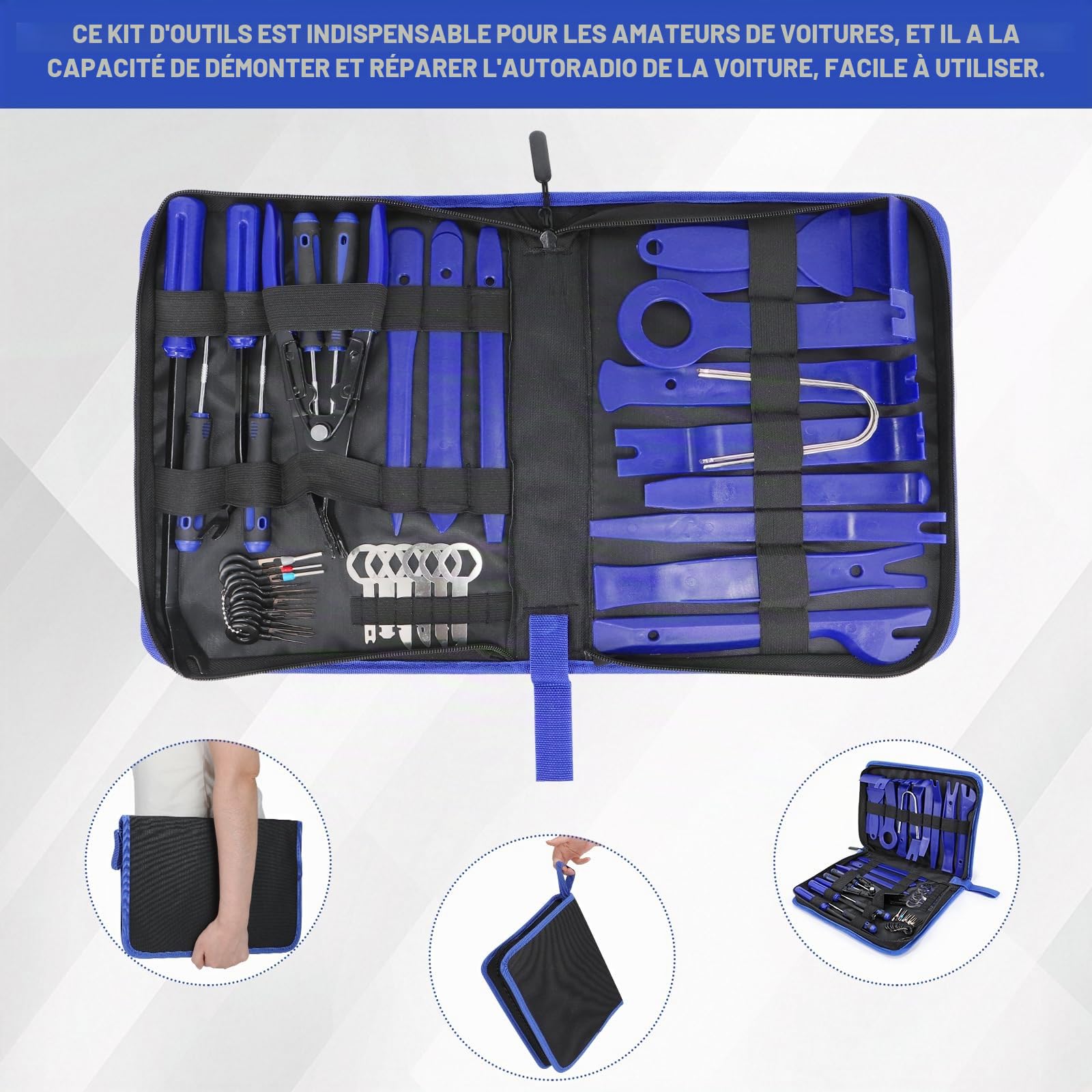 DUBULL 38 Pièces Outil Demontage Garniture Voiture, Kit DéMontage Plastique Interieur Auto, Trousse Outillage Pour Carrosserie Panneau De Porte, Pince a Clips Automobile, Cle Extraction Autoradio