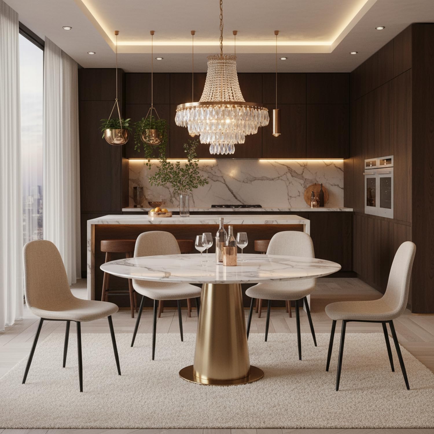 Homy Casa Set di 4 sedie da pranzo in morbido tessuto fiammato, stile scandinavo, con gambe in metallo nero, per cucina, sala da pranzo, soggiorno, camera da letto, Beige scuro