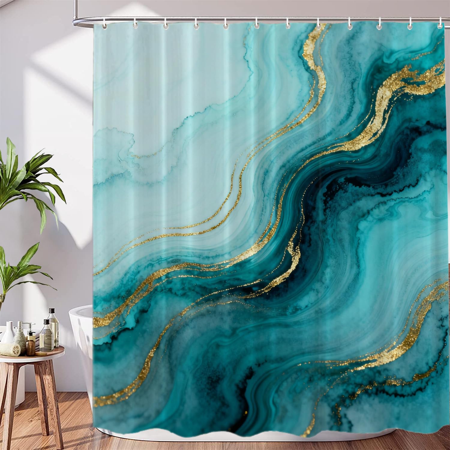 Rideau de douche marbre turquoise doré 180x180 cm imperméable polyester avec 12 crochets
