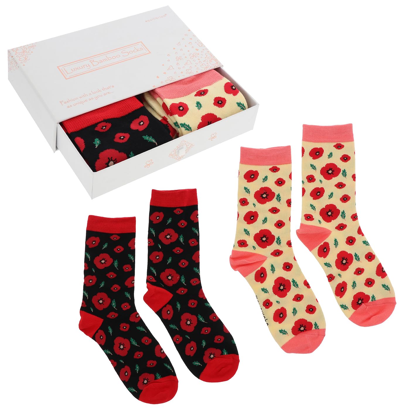 Equilibrium Unisex Multicolor Ladies Bamboo Socks Gift Box Poppy – Luxury Soft Breathable Women’s Sock Set – Floral Poppy Print Gift Box