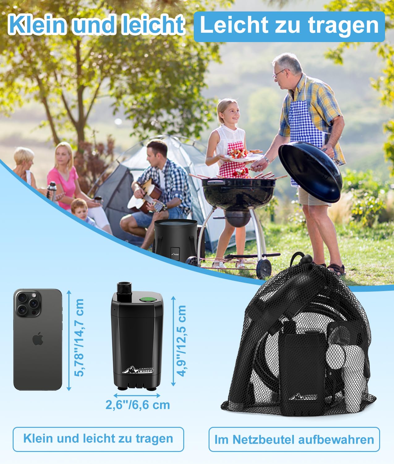 WADEO Tragbare Campingdusche Akku mit Pumpe und Wasserbehälter 20L, Outdoor-Camping-Duschset mit Akku 6000 mAh wiederaufladbar, für Camping Reisen Garten Wandern Autowaschen Tierbaden Notfälle