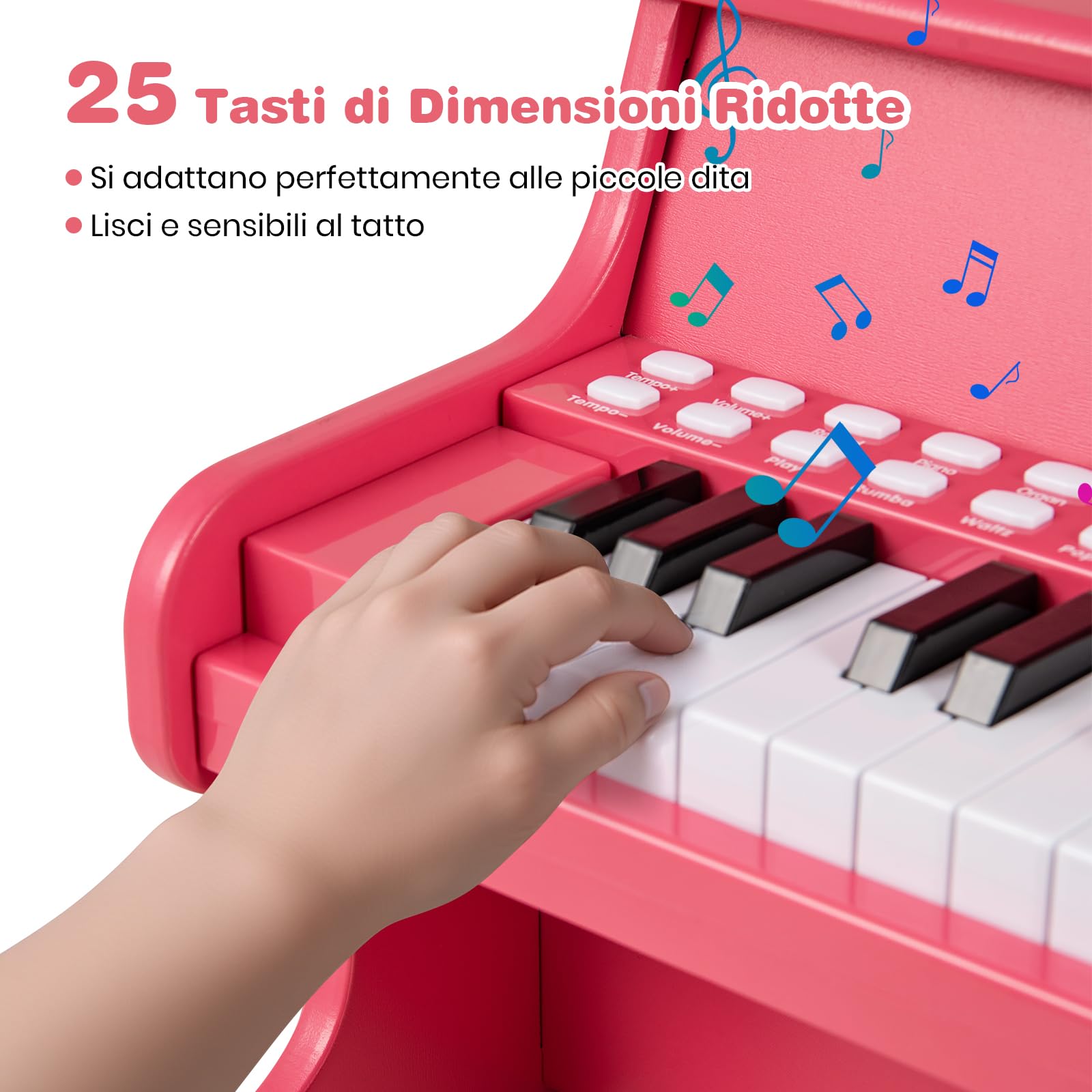 RELAX4LIFE Pianoforte per Bambini con 25 Tasti con Tasti Illuminati, Modalità Insegnamento,Portaspartiti, Funzione Registra/Riproduci, 6 Strumenti e 8 Percussioni (ROSA)
