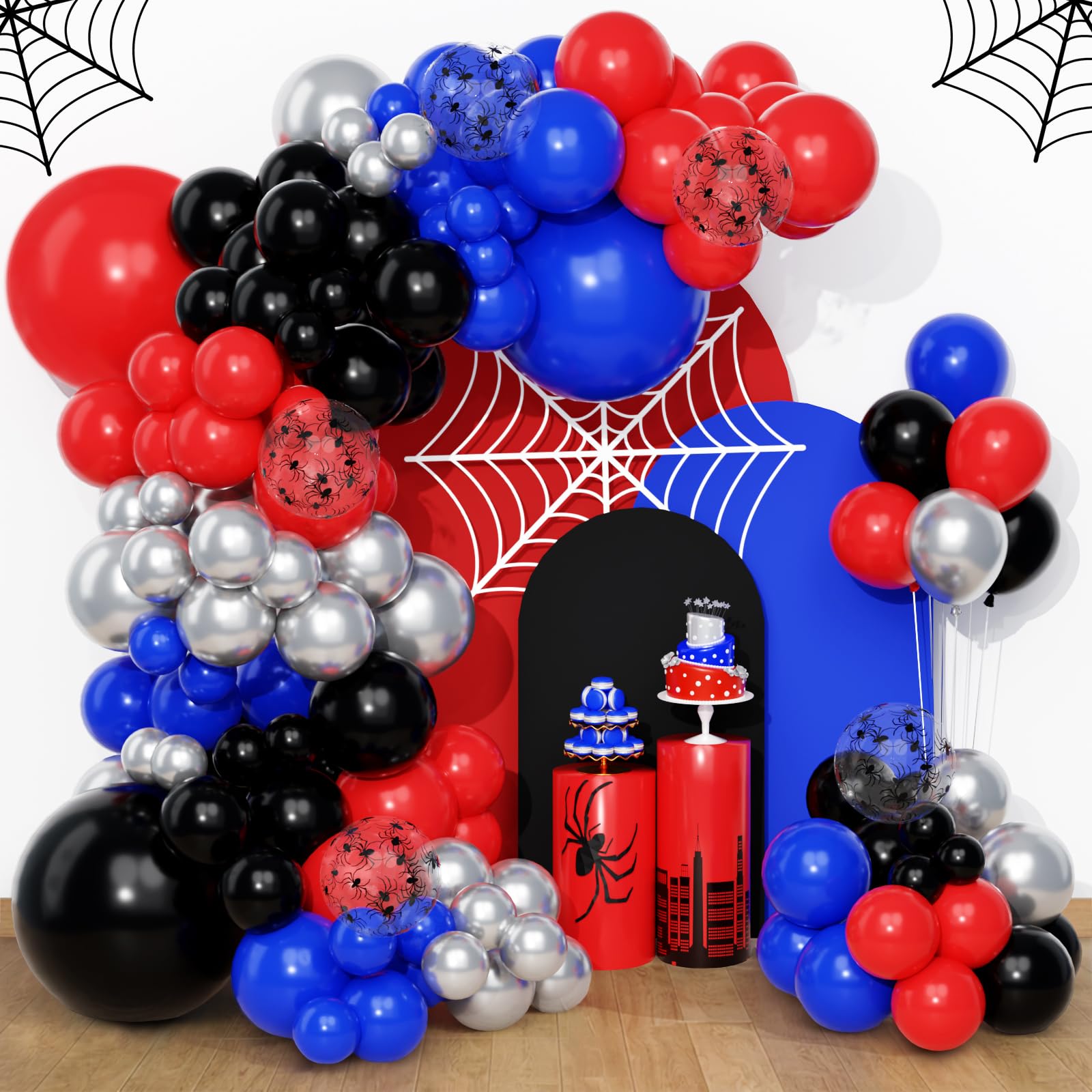 QIFU Spider Themed Balloon Arch Kit-108 Pcs Blue Black And Red Balloons, Helium Latex Metallic Silver Balloons For Boys Men Kids Birthday Decorations,Stranger Hero Party, Graduation, Baby Shower Party