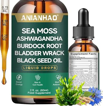 Irish Sea Moss Liquid Drops, Black Seed Oil Irish Sea Moss Ashwagandha Burdock Root & Bladderwrack - Multimineral Liquid Vegan for Gut Heath Energy Skin Immune Support & Hair, 60ml