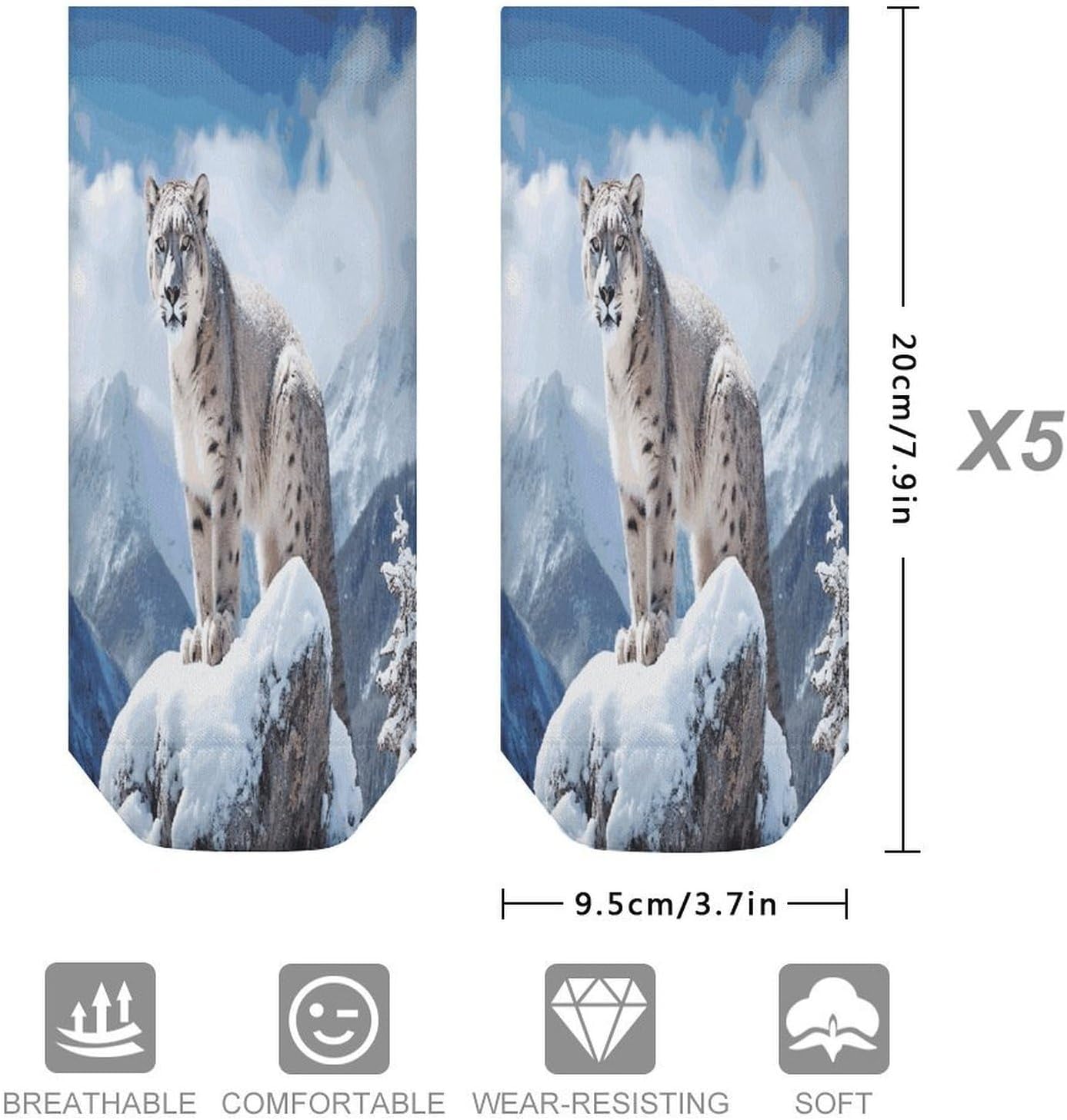 Snow Leopard Mountain Ankle Socks for Men Women 5 Pairs | Comfortable Casual Low Cut Socks, Lightweight No Show Breathable Athletic Socks, Soft Mini Crew Socks for All Seasons