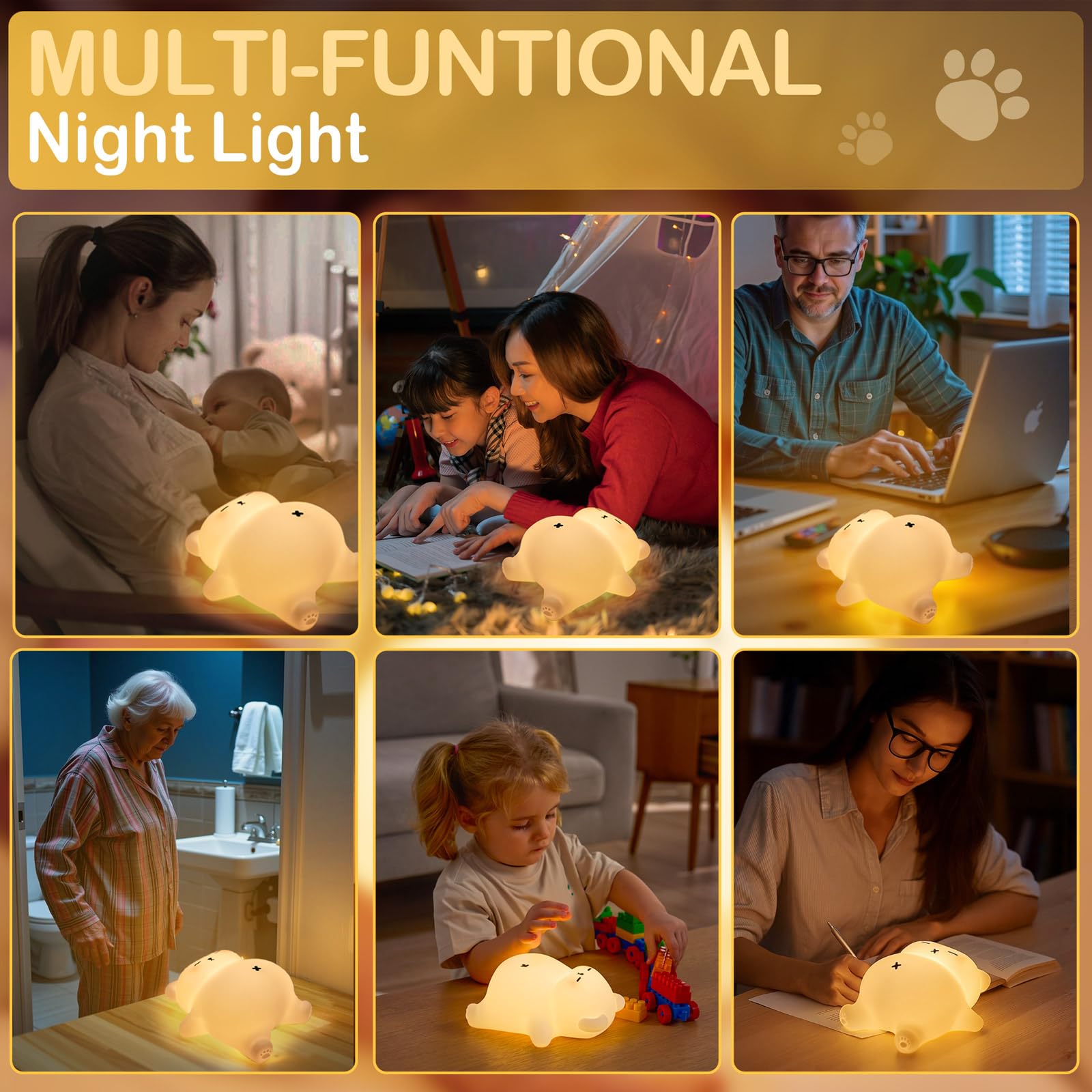 Luz nocturna de oso blanco ronquido, lámpara blanda recargable – Luz nocturna LED de silicona para guardería de animales Dimmanble Touch – Regalo lindo divertido de cumpleaños y Navidad para