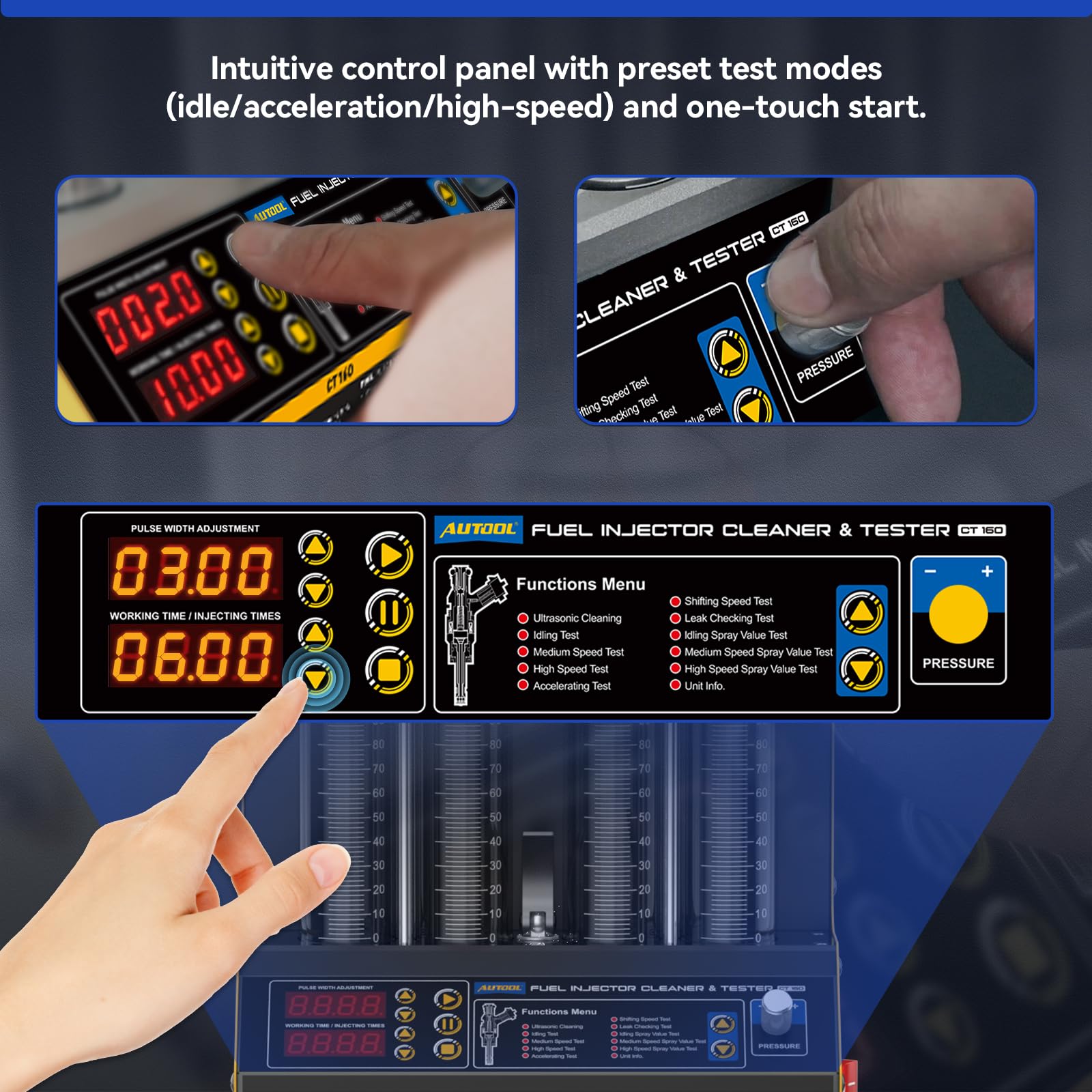 AUTOOL CT160 Tester per Iniettori di Carburante e Macchina Pulitrice a Ultrasuoni con Riscaldamento, Pulitore Iniettori Benzina Automatico con 4 cilindri,220V