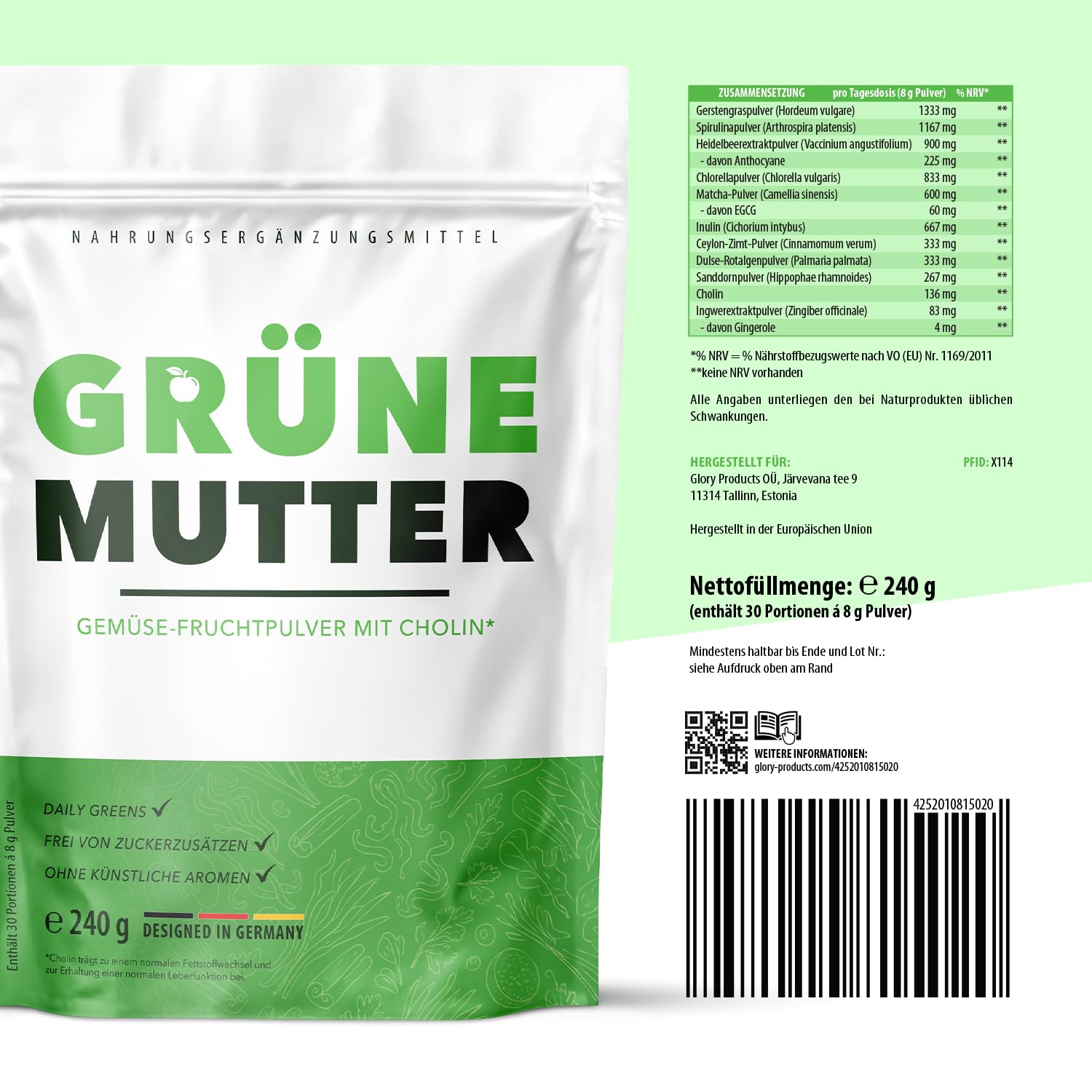 Grüne Mutter Pulver | Mit wertvollen Inhaltsstoffen | Neutral im Geschmack | 240g