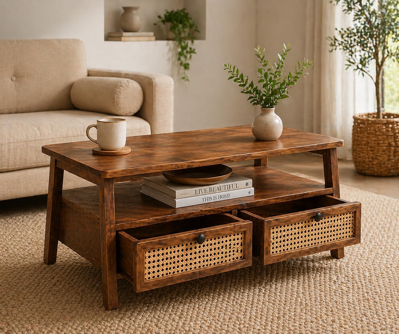 Solid Wood Rectangular Small Cane Center Coffee Table with 2 Rattan Drawers Open Shelf Storage for Living Room | Tea Table Teapoy for Hall Outdoor Home Office Drawing Room Lounge Furniture | Honey-image-49