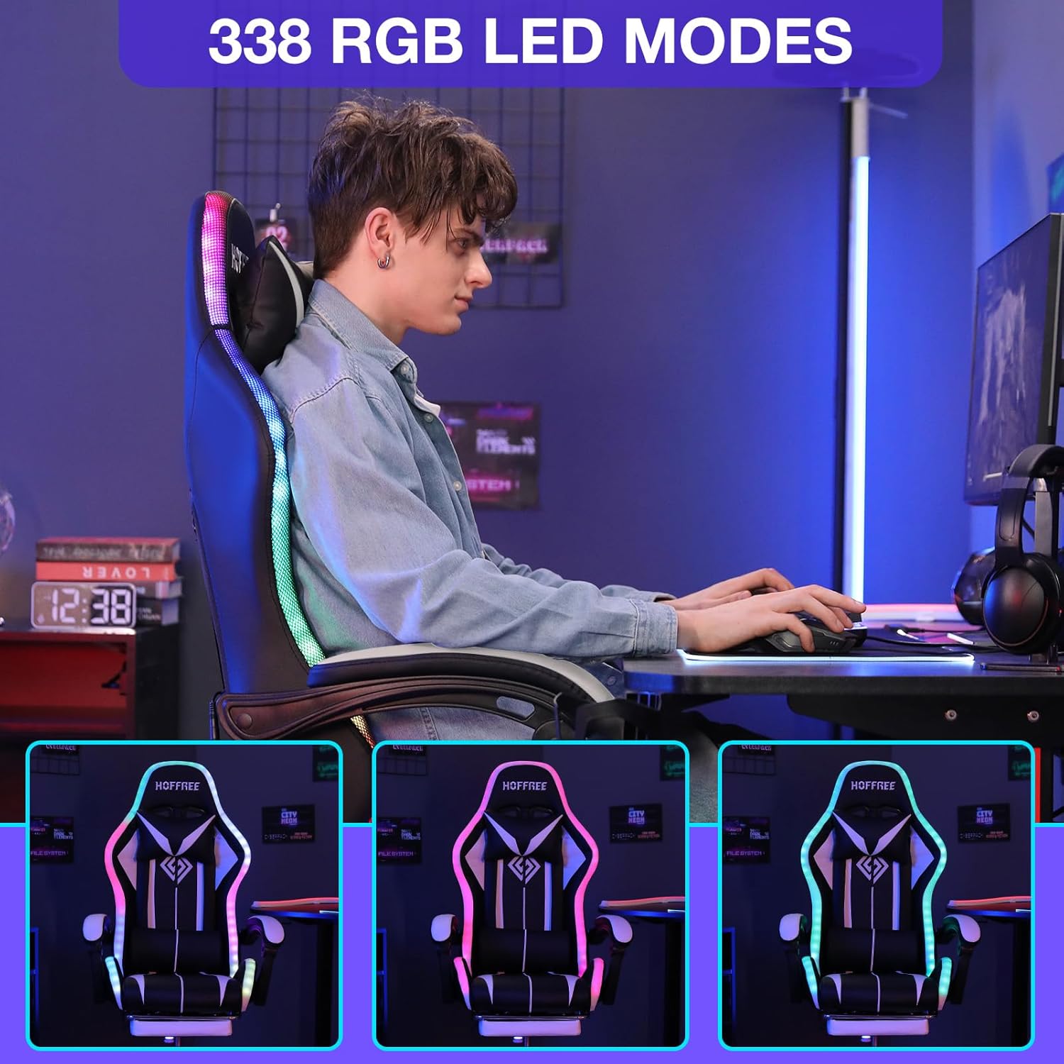 RGB Gaming Chair with LED Lights Massage Computer Chair Ergonomic High Back Video Game Chair with Footrest and Adjustable Lumbar Support Gamer Chairs with Linkage Armrest White and Black