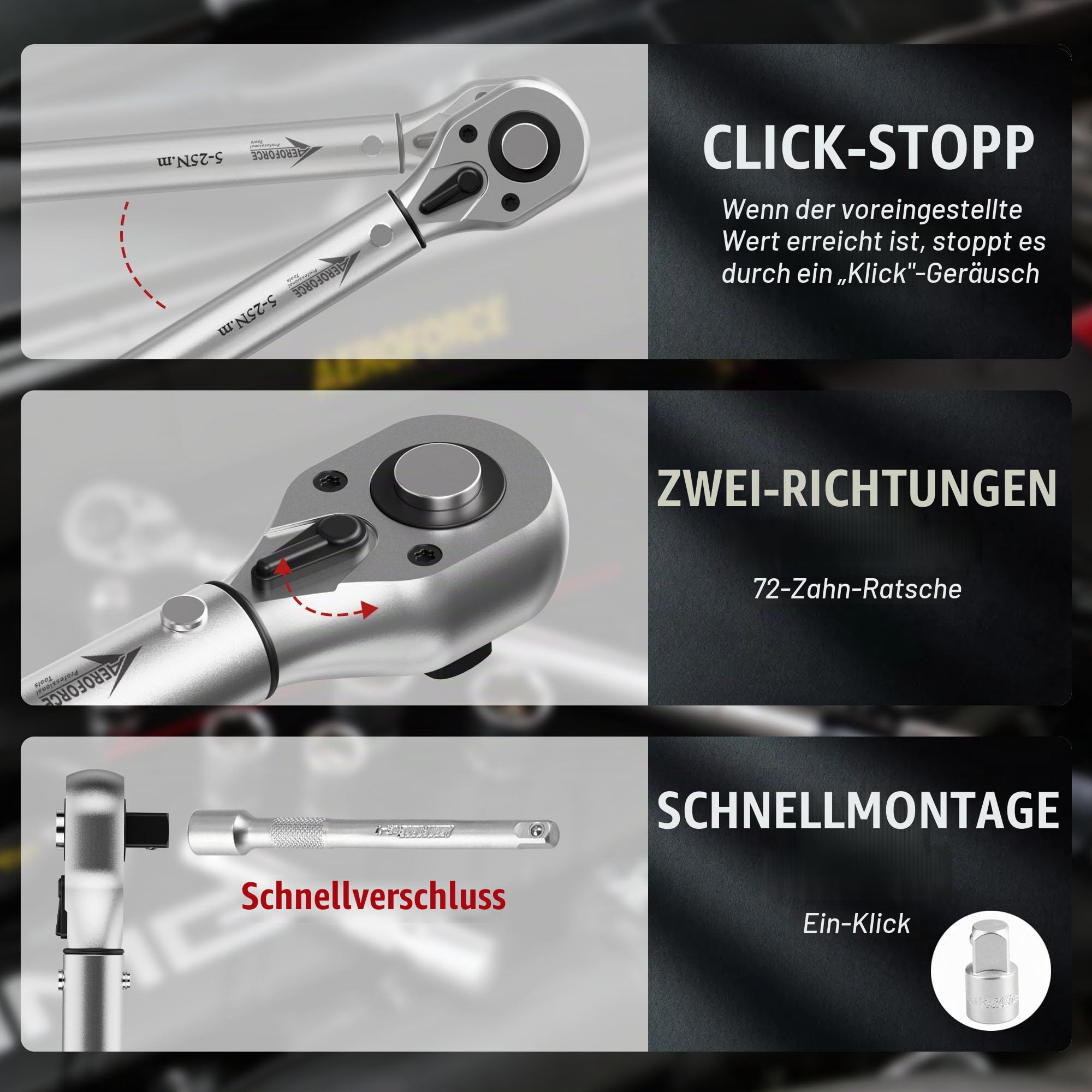 AEROFORCE 50 TLG Fahrrad-Drehmomentschlüssel-Set (5-25Nm), 1/4 Zoll Antrieb, Zoll-Pfund-Klick-Drehmomentschlüssel mit Bit-Einsätzen, 3/8 Adapter, Profi-Fahrradwerkzeugsatz für MTB